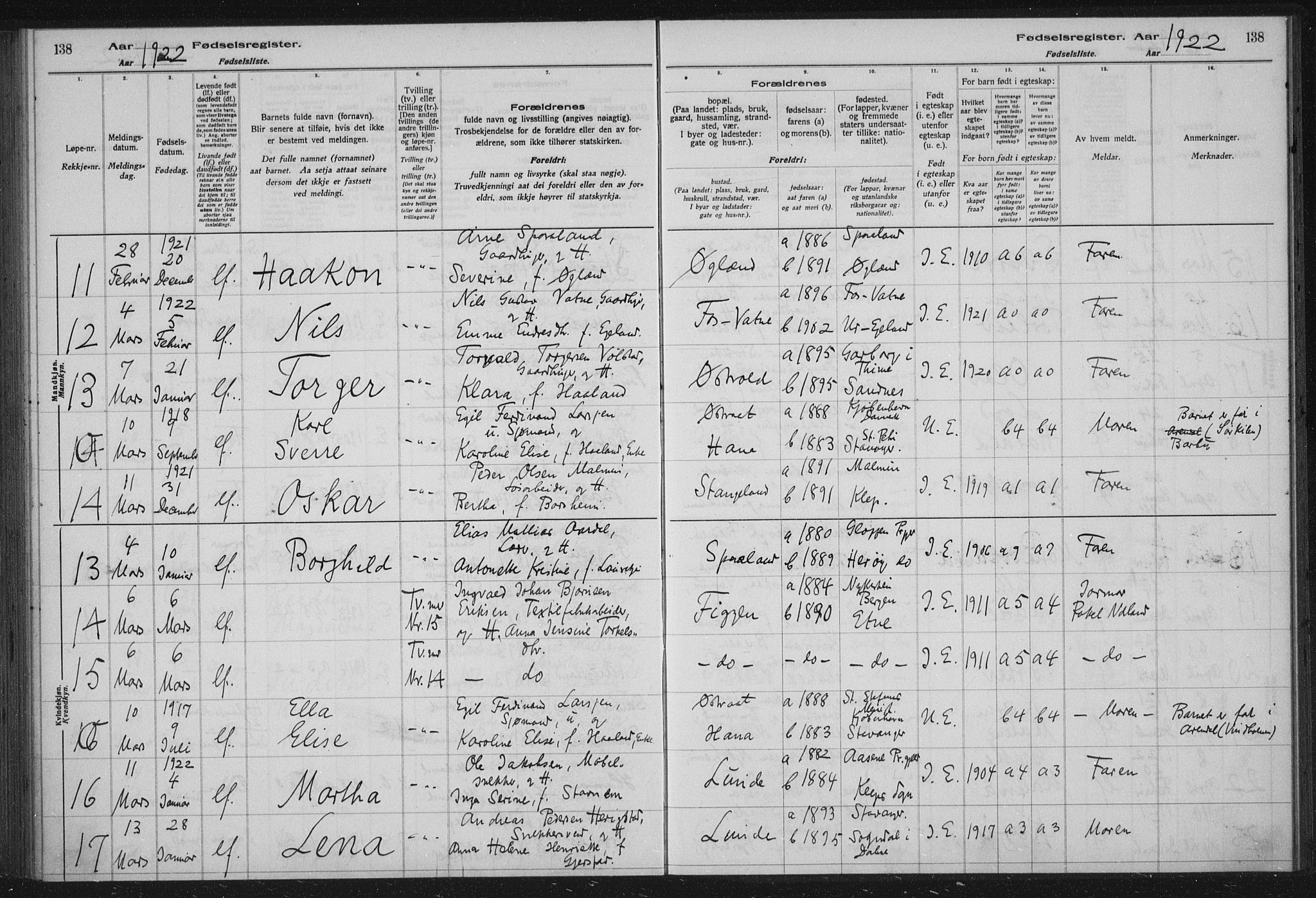 Høyland sokneprestkontor, AV/SAST-A-101799/002/O/L0001: Fødselsregister nr. 1, 1916-1924, s. 138