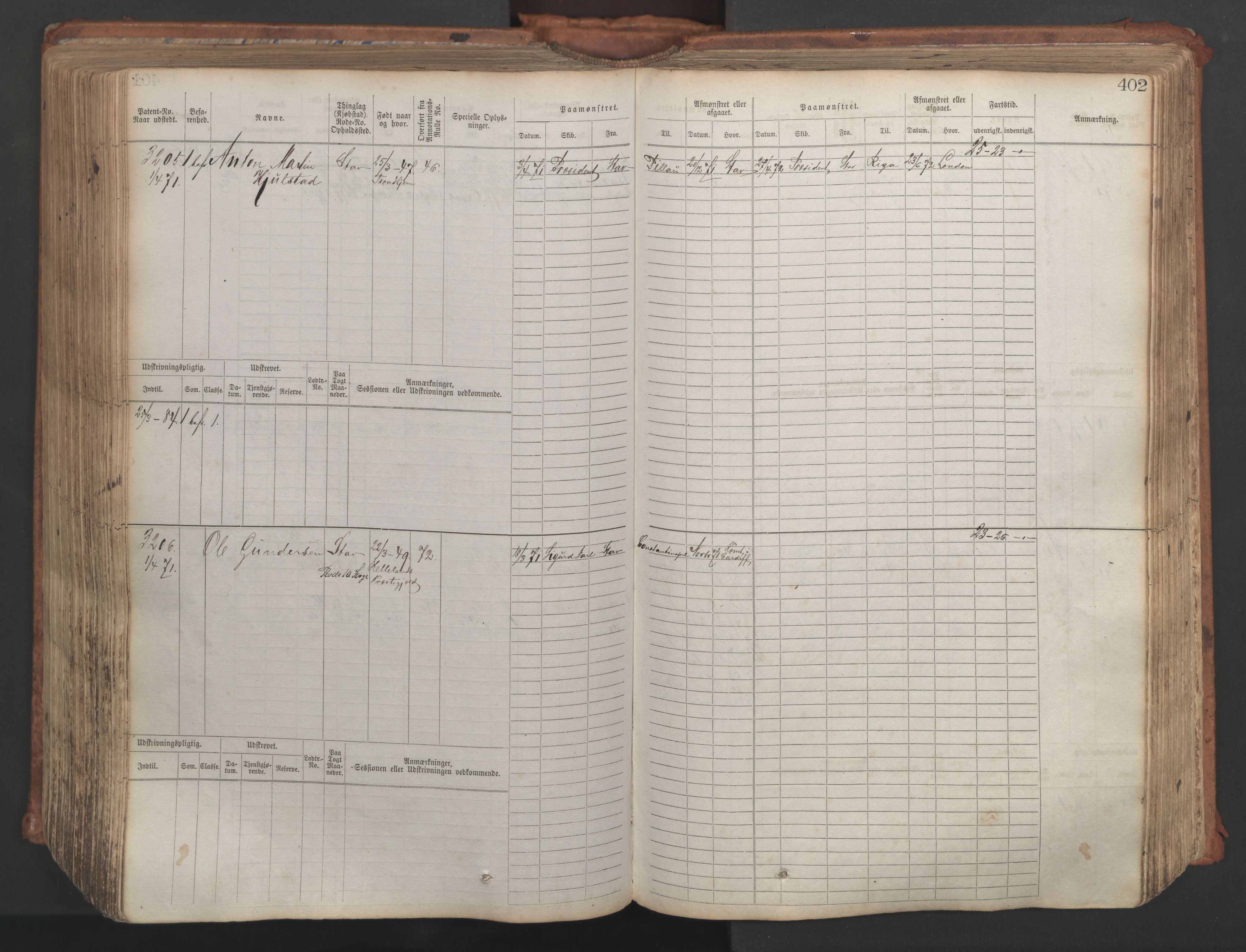 Stavanger sjømannskontor, AV/SAST-A-102006/F/Fb/Fbb/L0007: Sjøfartshovedrulle, patentnr. 2403-3604, 1869-1880, s. 449