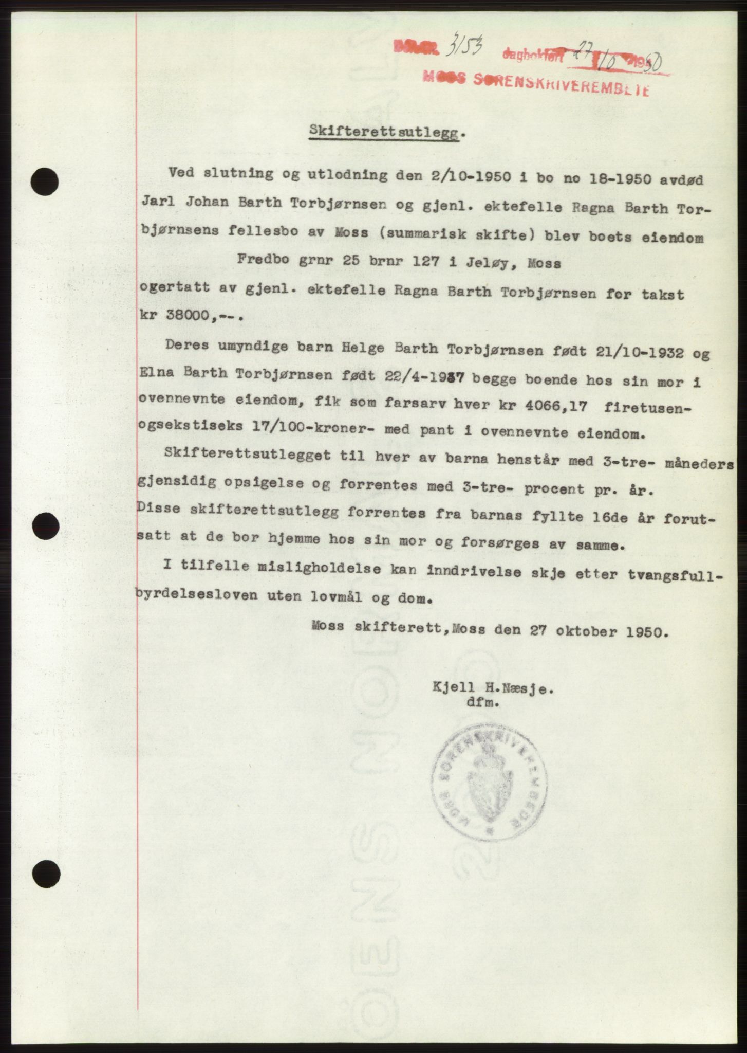 Moss sorenskriveri, SAO/A-10168: Pantebok nr. B25, 1950-1950, Dagboknr: 3153/1950