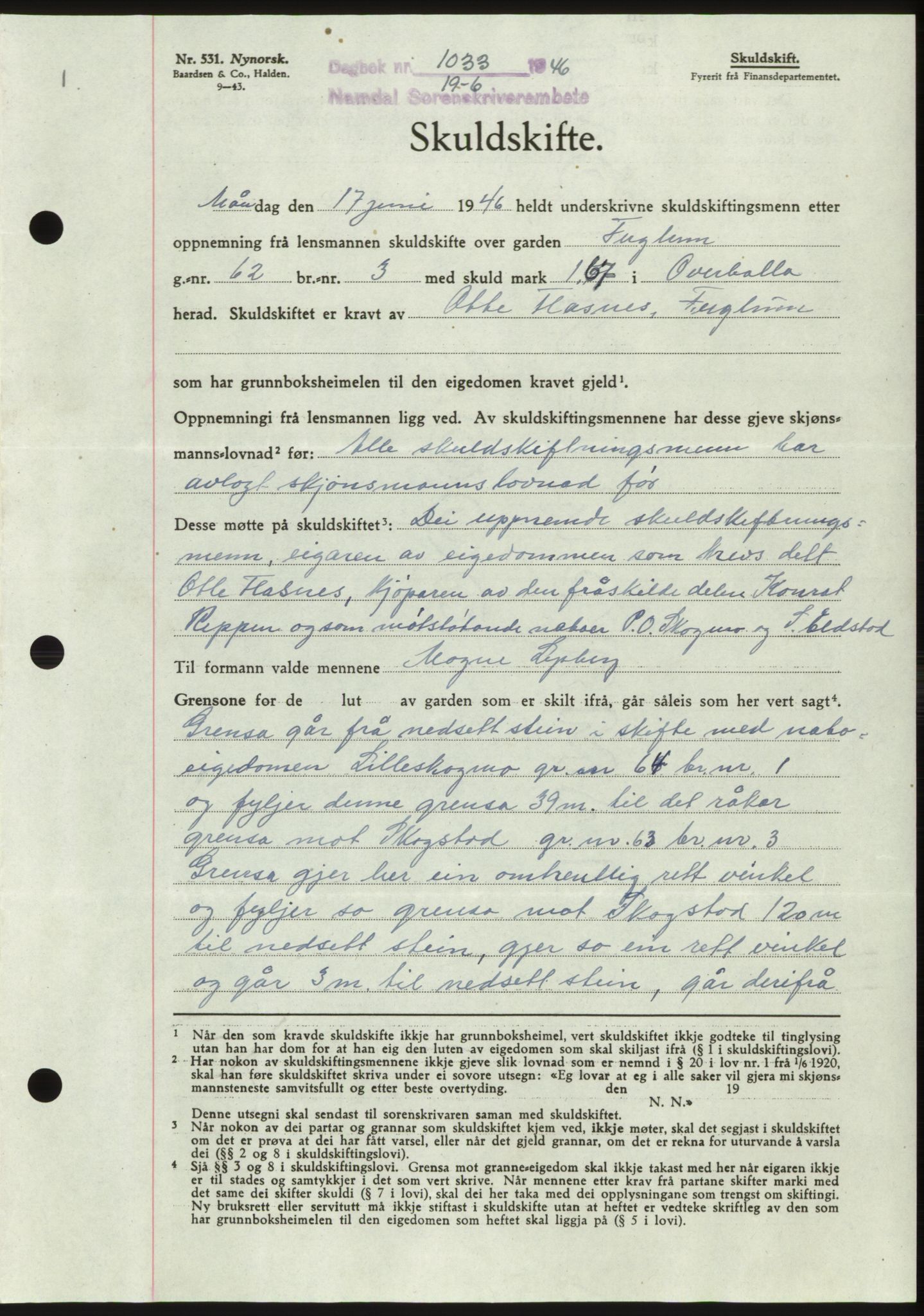 Namdal sorenskriveri, SAT/A-4133/1/2/2C: Pantebok nr. -, 1946-1946, Dagboknr: 1033/1946