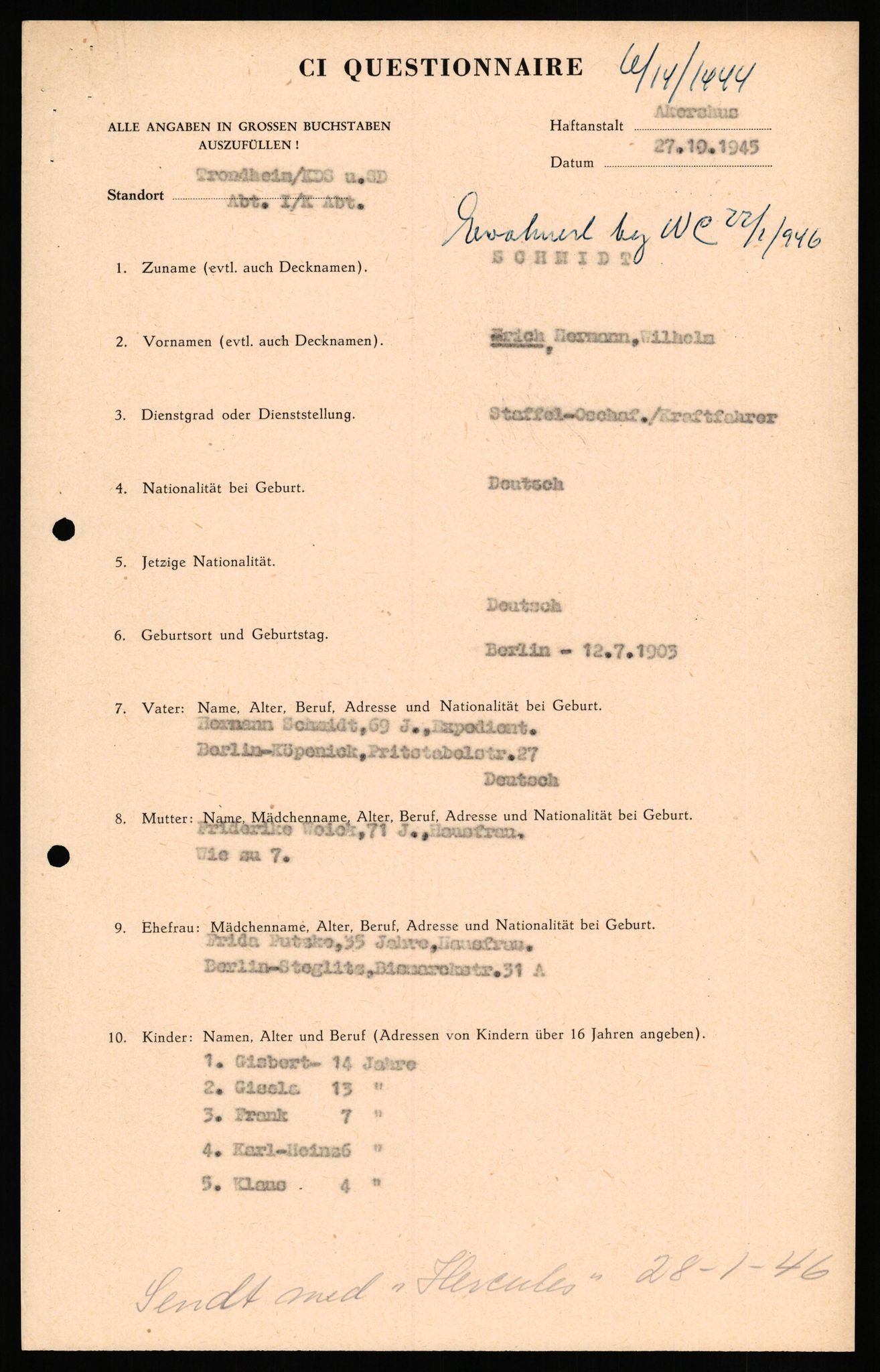 Forsvaret, Forsvarets overkommando II, AV/RA-RAFA-3915/D/Db/L0029: CI Questionaires. Tyske okkupasjonsstyrker i Norge. Tyskere., 1945-1946, s. 383