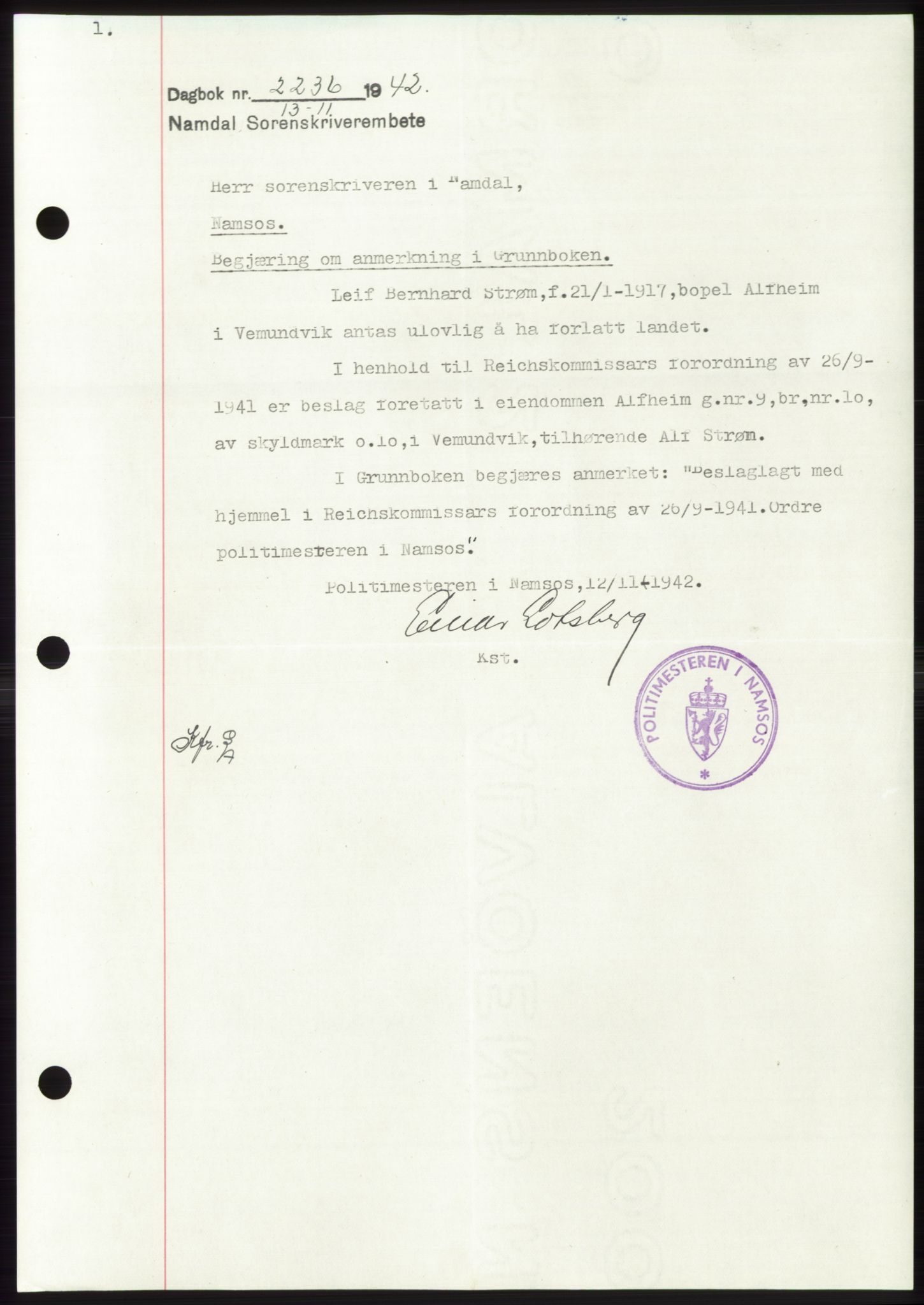 Namdal sorenskriveri, SAT/A-4133/1/2/2C: Pantebok nr. -, 1942-1943, Dagboknr: 2236/1942