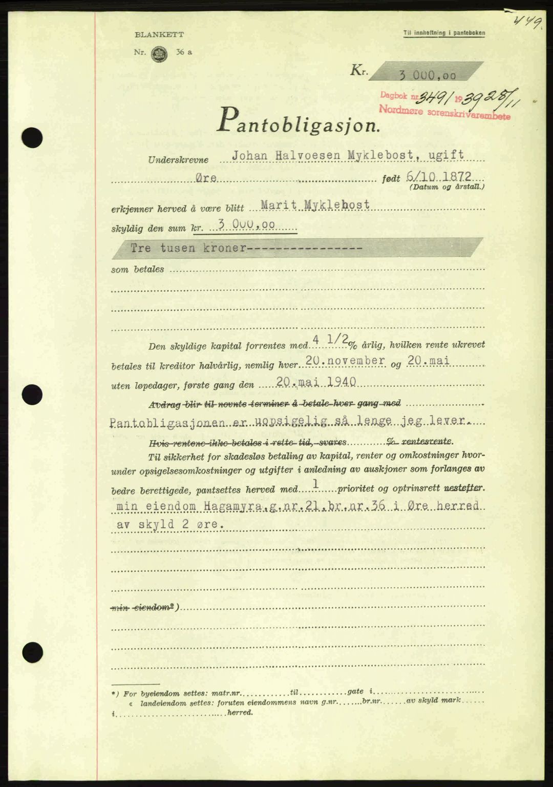 Nordmøre sorenskriveri, AV/SAT-A-4132/1/2/2Ca: Pantebok nr. B86, 1939-1940, Dagboknr: 3491/1939