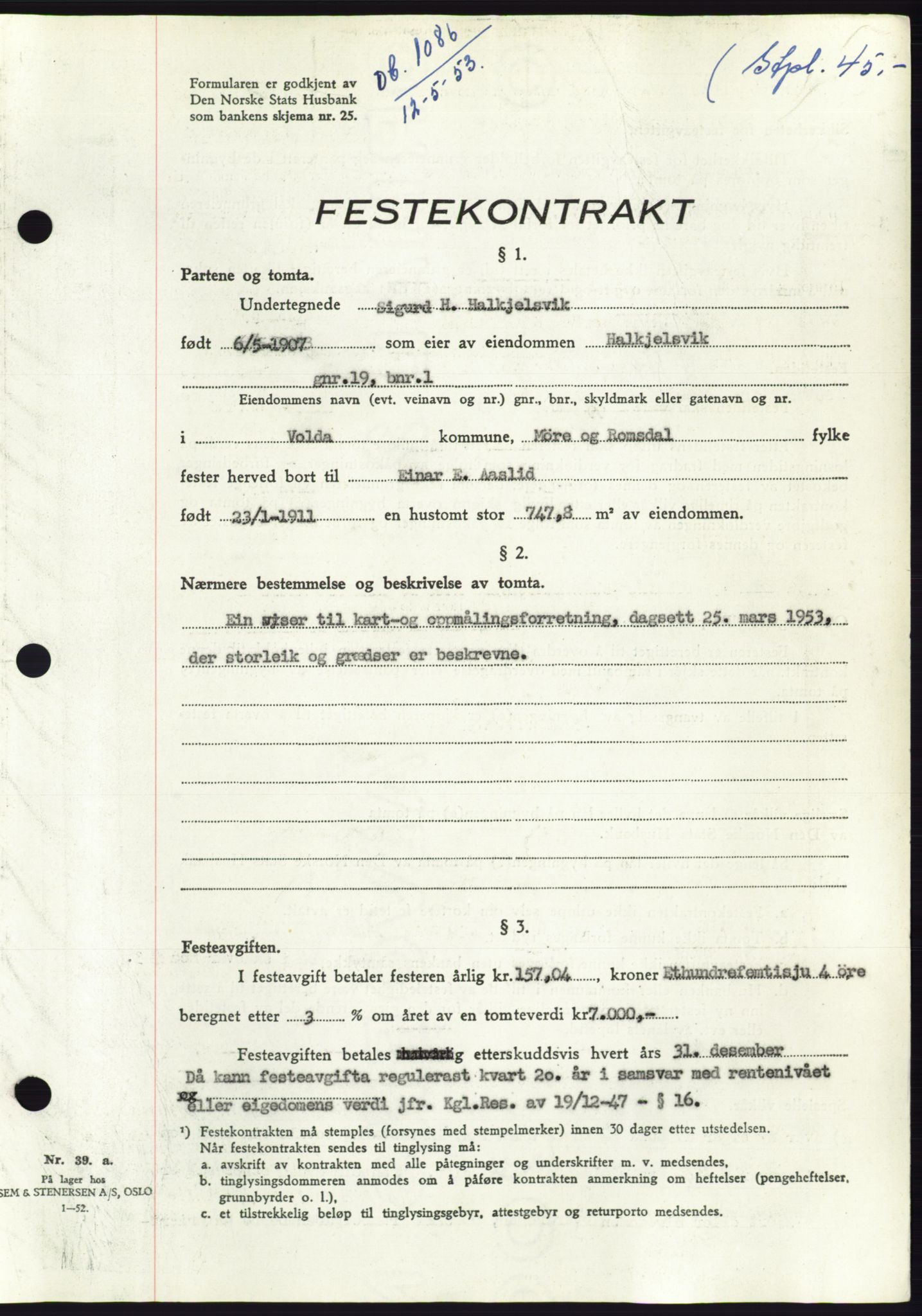 Søre Sunnmøre sorenskriveri, SAT/A-4122/1/2/2C/L0094: Pantebok nr. 20A, 1953-1953, Dagboknr: 1086/1953