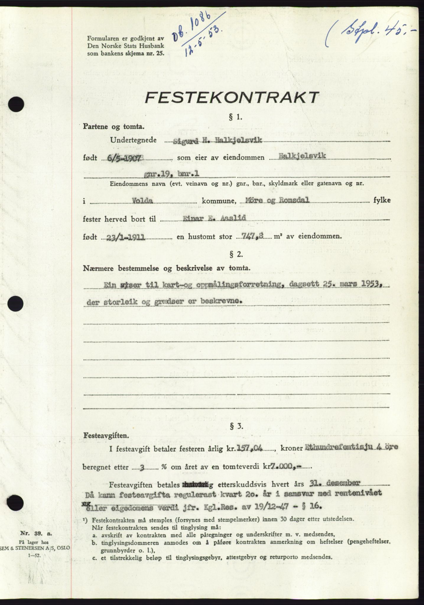 Søre Sunnmøre sorenskriveri, AV/SAT-A-4122/1/2/2C/L0094: Pantebok nr. 20A, 1953-1953, Dagboknr: 1086/1953