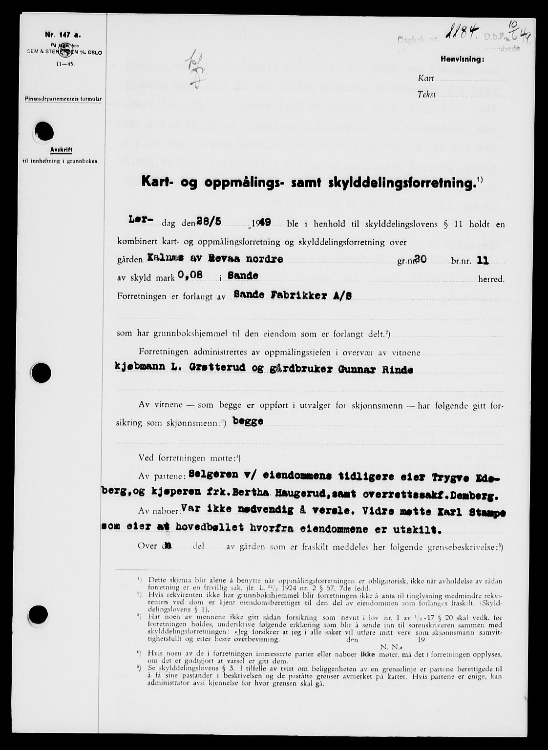 Holmestrand sorenskriveri, SAKO/A-67/G/Ga/Gaa/L0066: Pantebok nr. A-66, 1949-1949, Dagboknr: 1184/1949