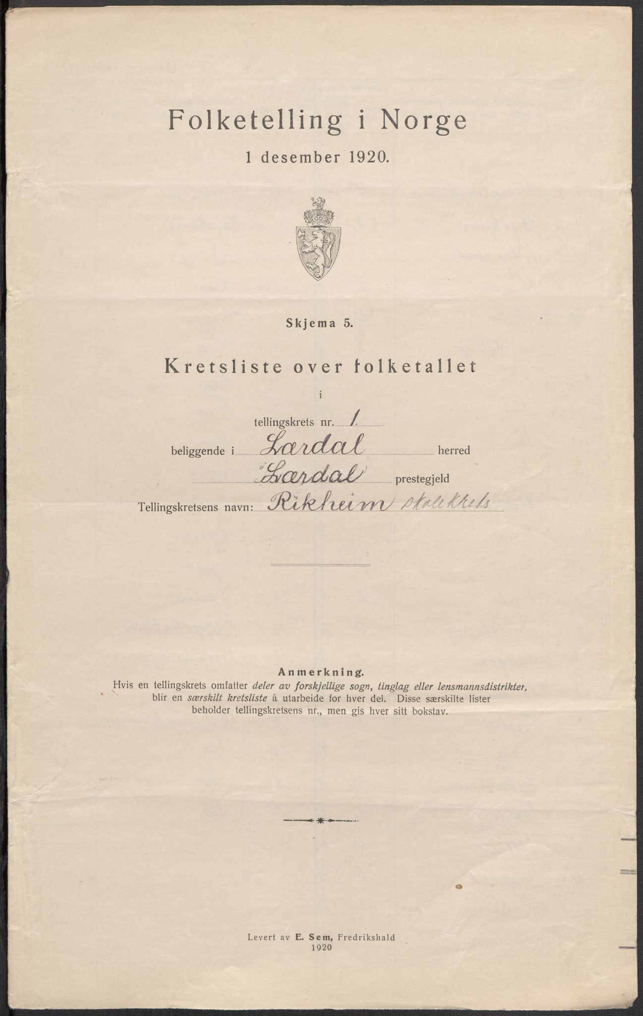 SAB, Folketelling 1920 for 1422 Lærdal herred, 1920, s. 5
