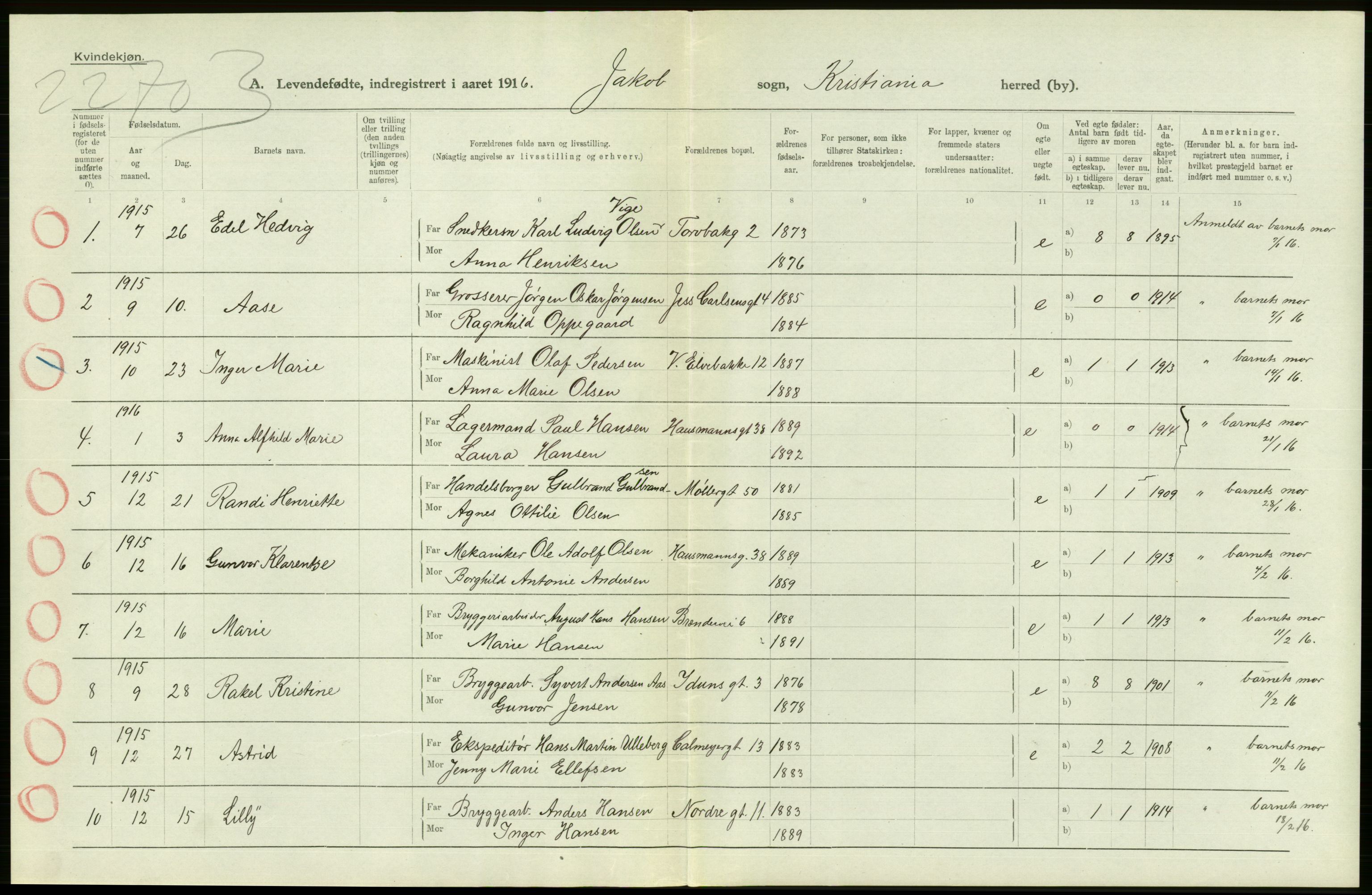 Statistisk sentralbyrå, Sosiodemografiske emner, Befolkning, RA/S-2228/D/Df/Dfb/Dfbf/L0007: Kristiania: Levendefødte menn og kvinner., 1916, s. 540