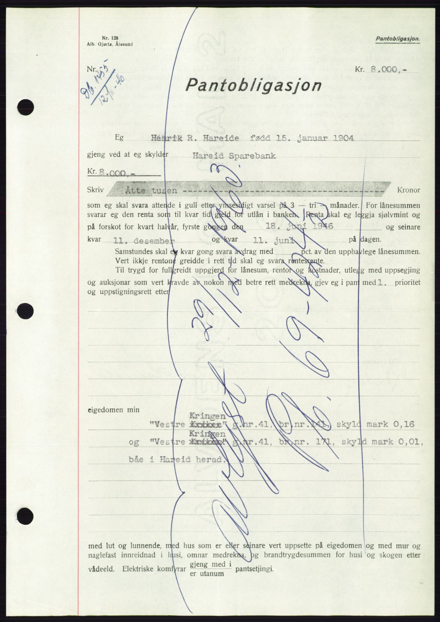 Søre Sunnmøre sorenskriveri, AV/SAT-A-4122/1/2/2C/L0114: Pantebok nr. 1-2B, 1943-1947, Dagboknr: 1455/1946