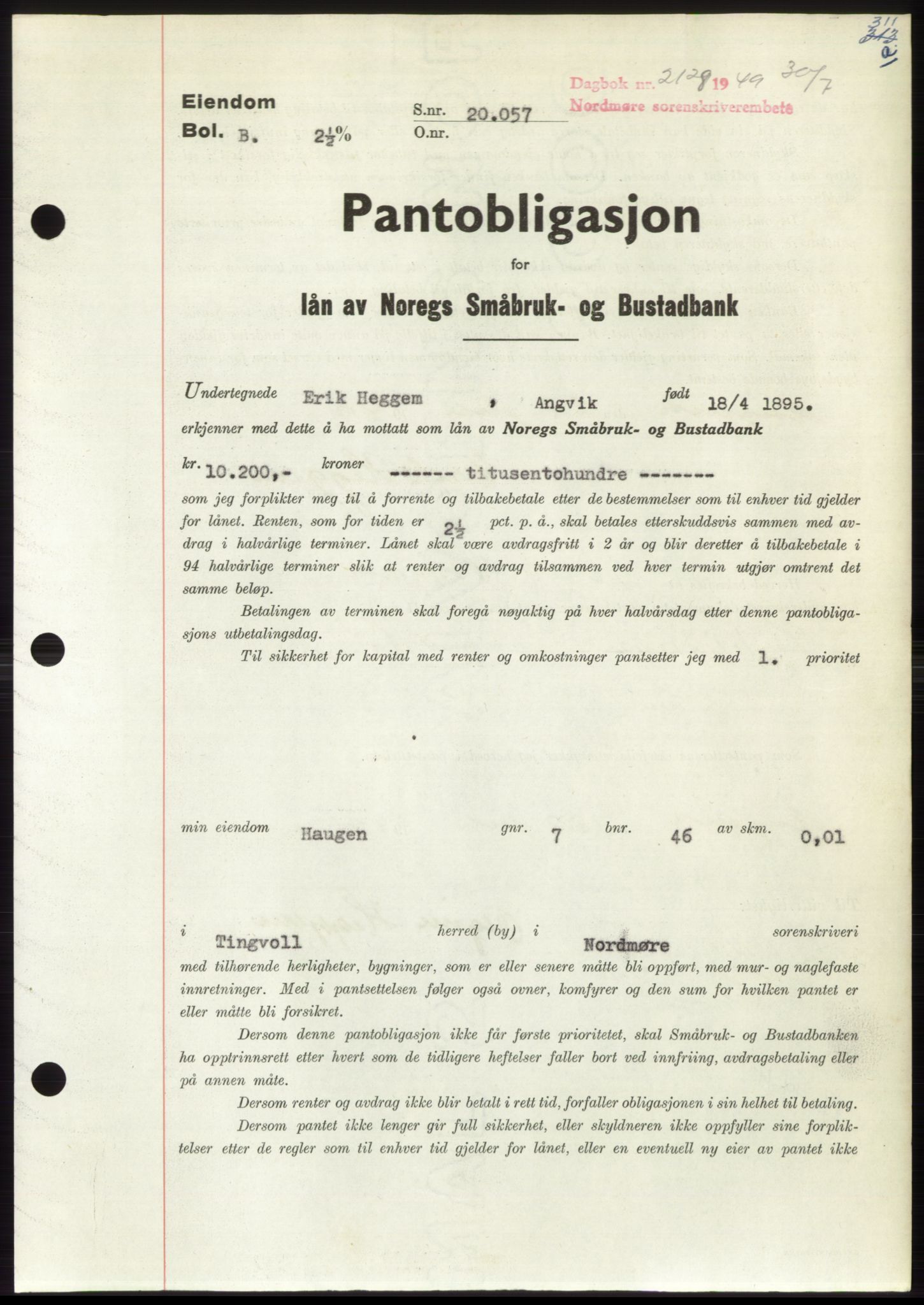 Nordmøre sorenskriveri, SAT/A-4132/1/2/2Ca: Pantebok nr. B102, 1949-1949, Dagboknr: 2128/1949
