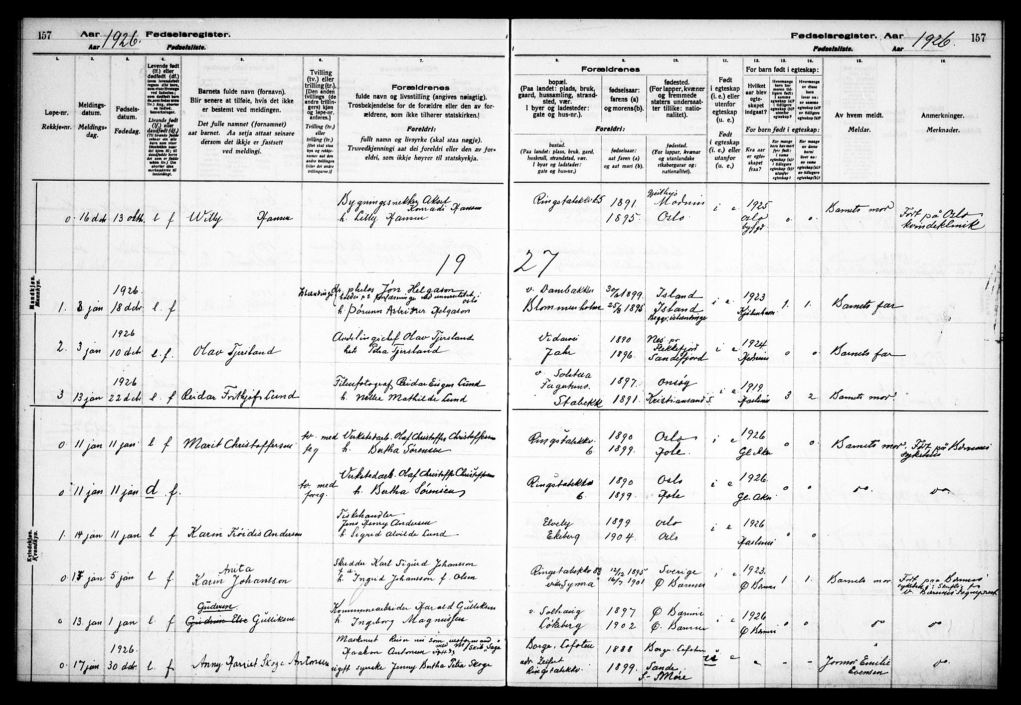Østre Bærum prestekontor Kirkebøker, AV/SAO-A-10887/J/Ja/L0002: Fødselsregister nr. 2, 1922-1928, s. 157