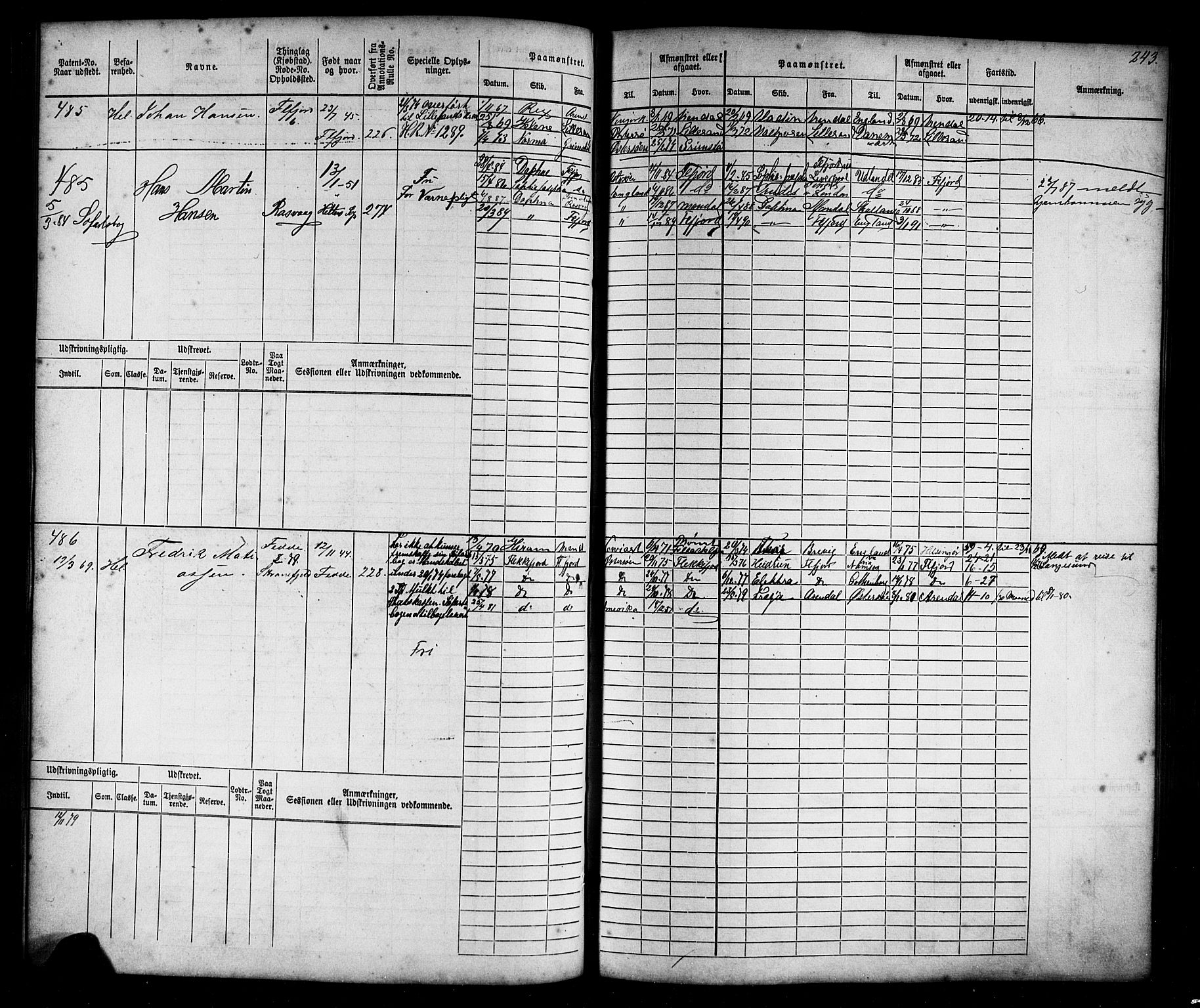 Flekkefjord mønstringskrets, AV/SAK-2031-0018/F/Fb/L0008: Hovedrulle nr 1-770, Æ-5, 1867-1900, s. 249