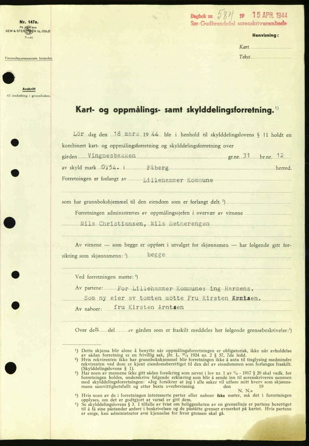 Sør-Gudbrandsdal tingrett, SAH/TING-004/H/Hb/Hbd/L0013: Pantebok nr. A13, 1944-1944, Dagboknr: 584/1944