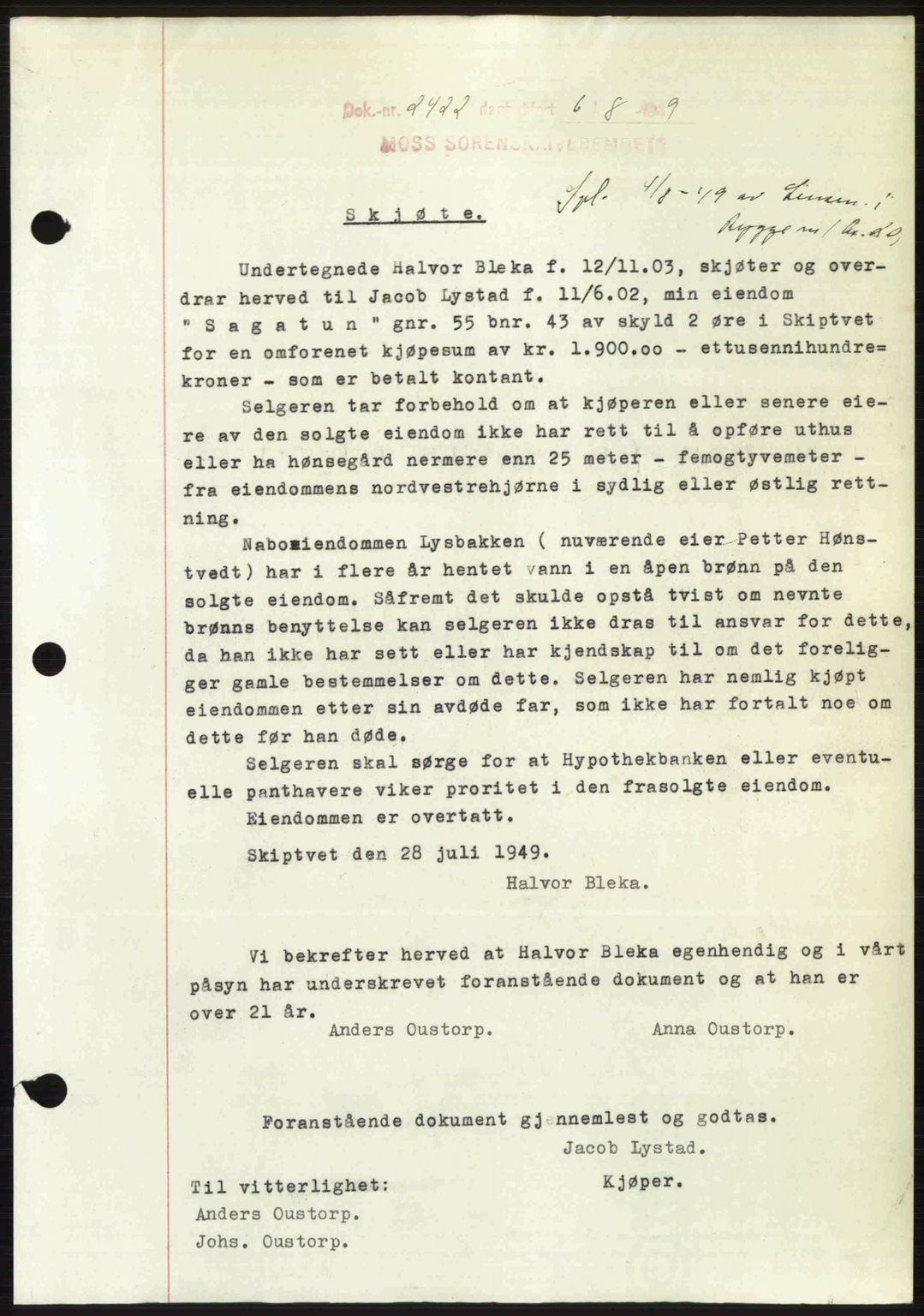 Moss sorenskriveri, SAO/A-10168: Pantebok nr. A2, 1947-1950, Dagboknr: 2422/1949