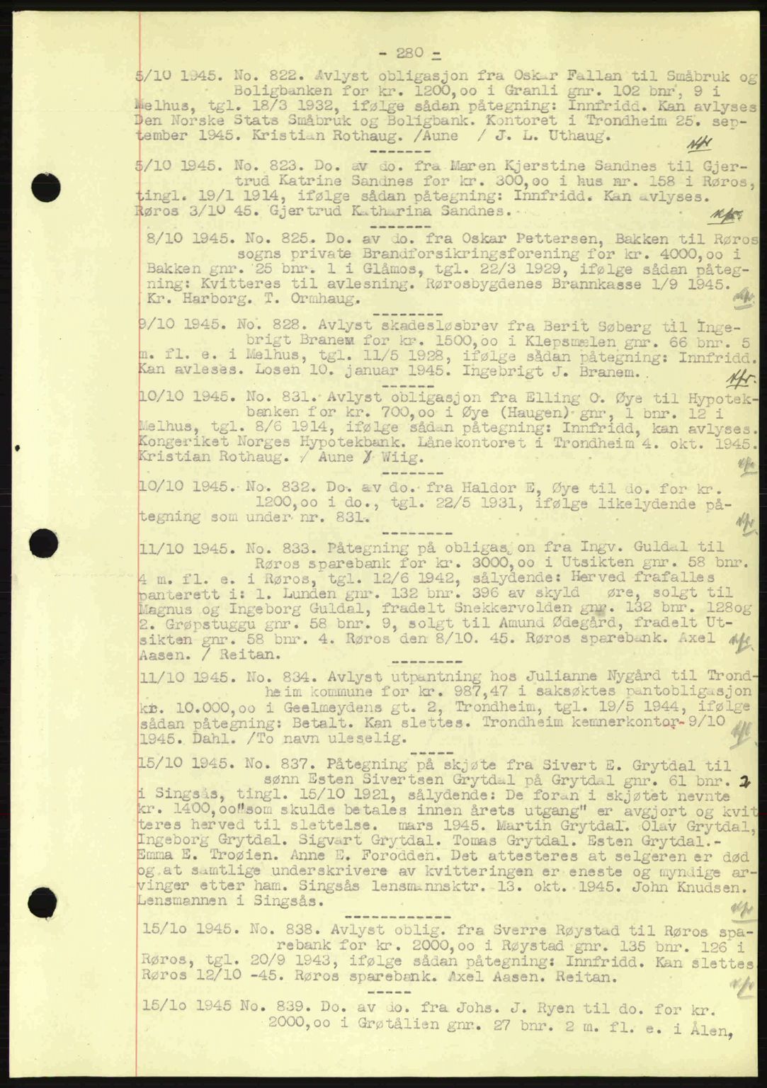 Gauldal sorenskriveri, SAT/A-0014/1/2/2C: Pantebok nr. A1a, 1945-1945, Dagboknr: 822/1945