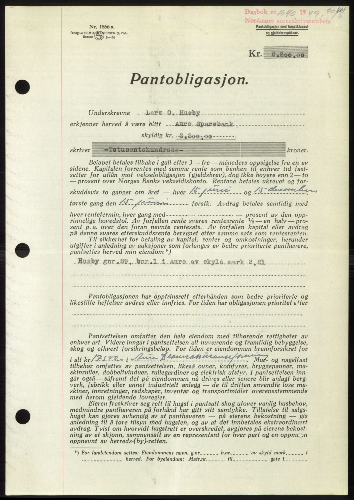 Nordmøre sorenskriveri, SAT/A-4132/1/2/2Ca: Pantebok nr. B101, 1949-1949, Dagboknr: 1640/1949