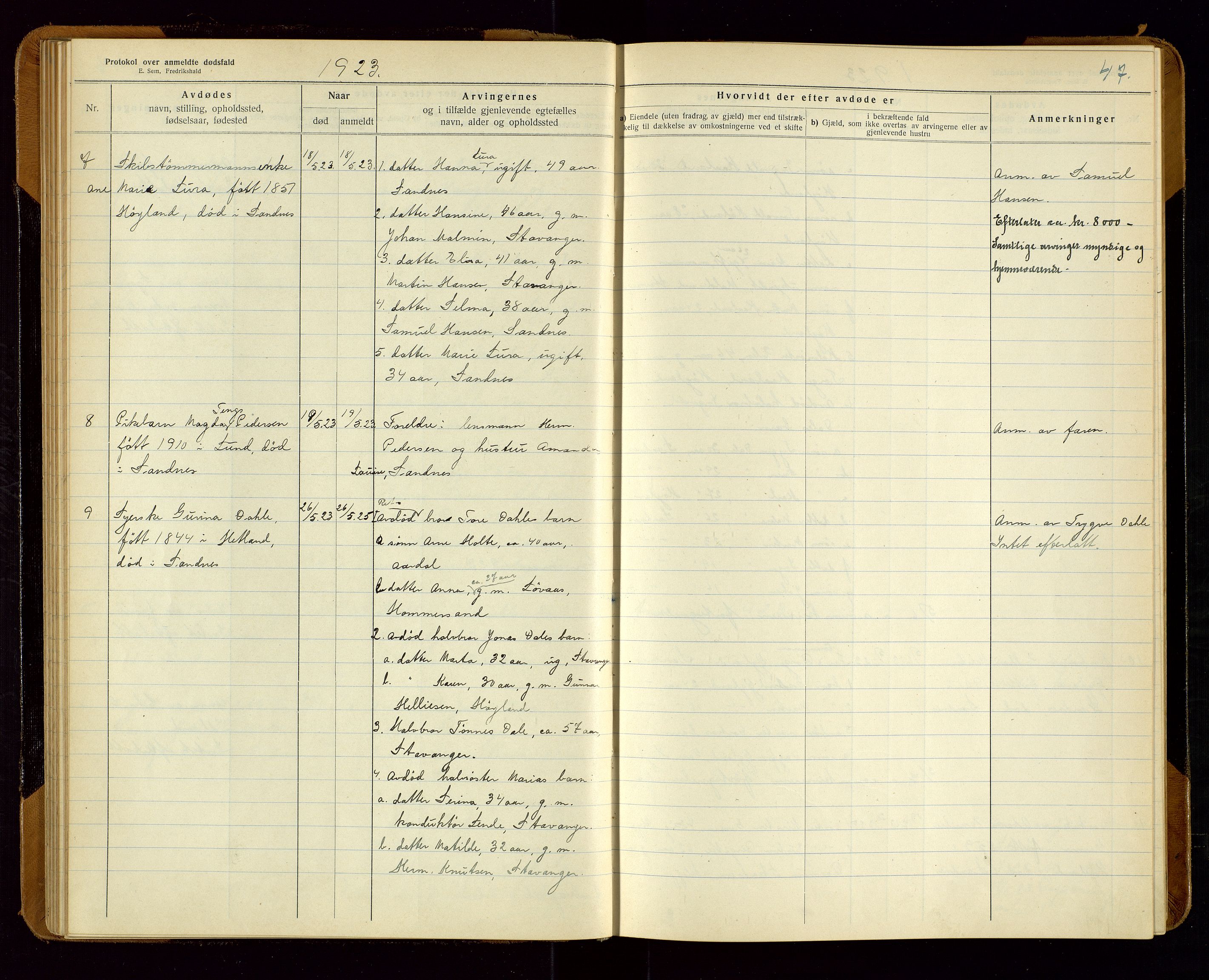 Sandnes lensmannskontor, SAST/A-100167/Gga/L0001: "Protokol over anmeldte dødsfald" m/register, 1918-1940, s. 47