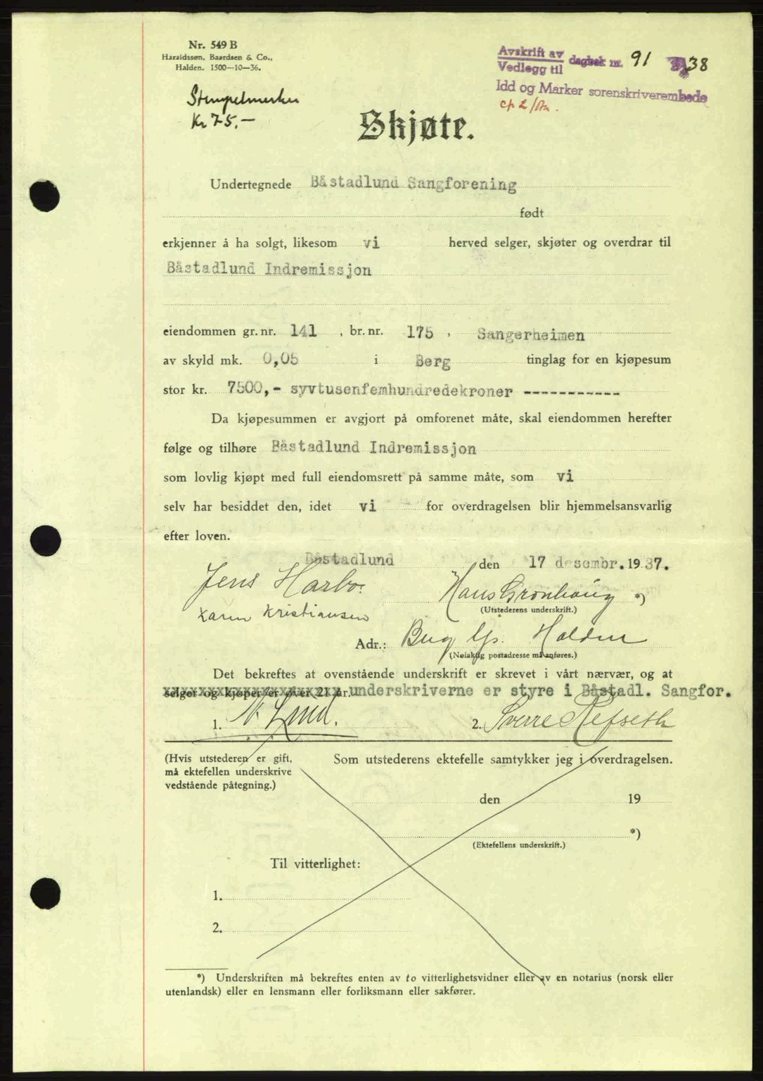 Idd og Marker sorenskriveri, AV/SAO-A-10283/G/Gb/Gbb/L0002: Pantebok nr. A2, 1937-1938, Dagboknr: 91/1938