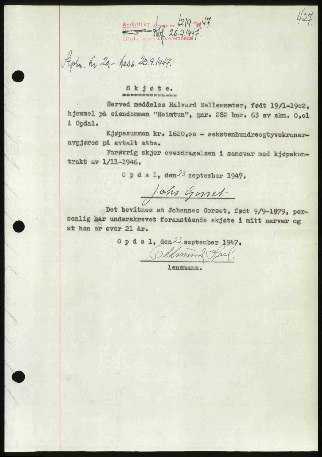 Orkdal sorenskriveri, SAT/A-4169/1/2/2C: Pantebok nr. A, 1947-1947, Dagboknr: 1219/1947