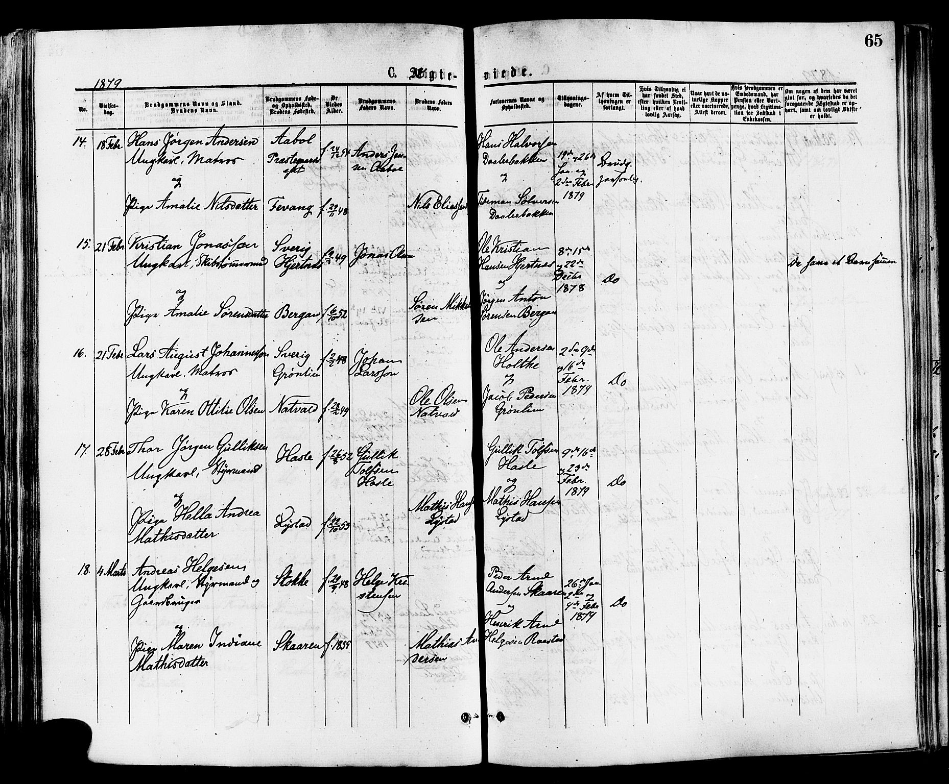 Sandar kirkebøker, AV/SAKO-A-243/F/Fa/L0011: Ministerialbok nr. 11, 1872-1882, s. 65