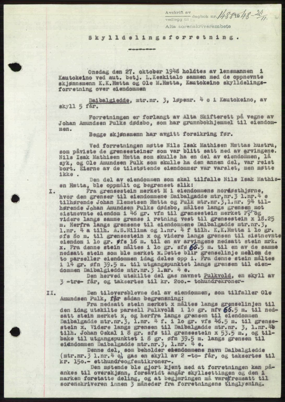 Alta fogderi/sorenskriveri, SATØ/SATØ-5/1/K/Kd/L0037pantebok: Pantebok nr. 39-40, 1948-1949, Dagboknr: 1488/1948