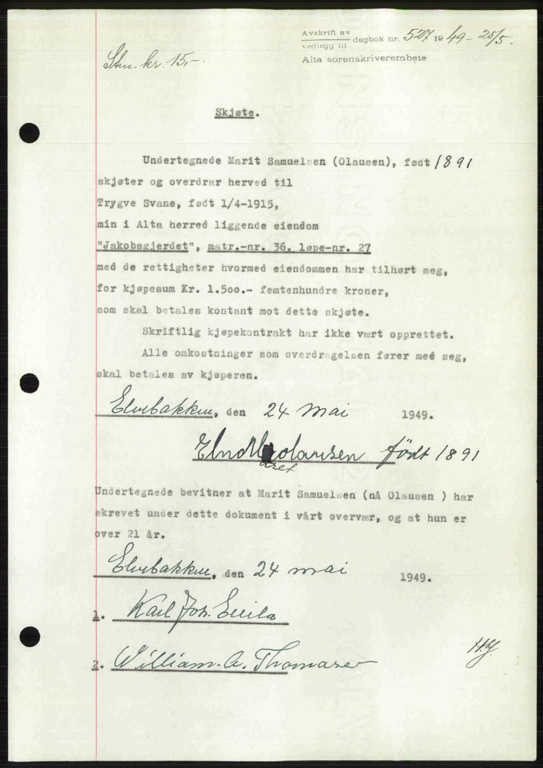 Alta fogderi/sorenskriveri, SATØ/SATØ-5/1/K/Kd/L0037pantebok: Pantebok nr. 39-40, 1948-1949, Dagboknr: 527/1949