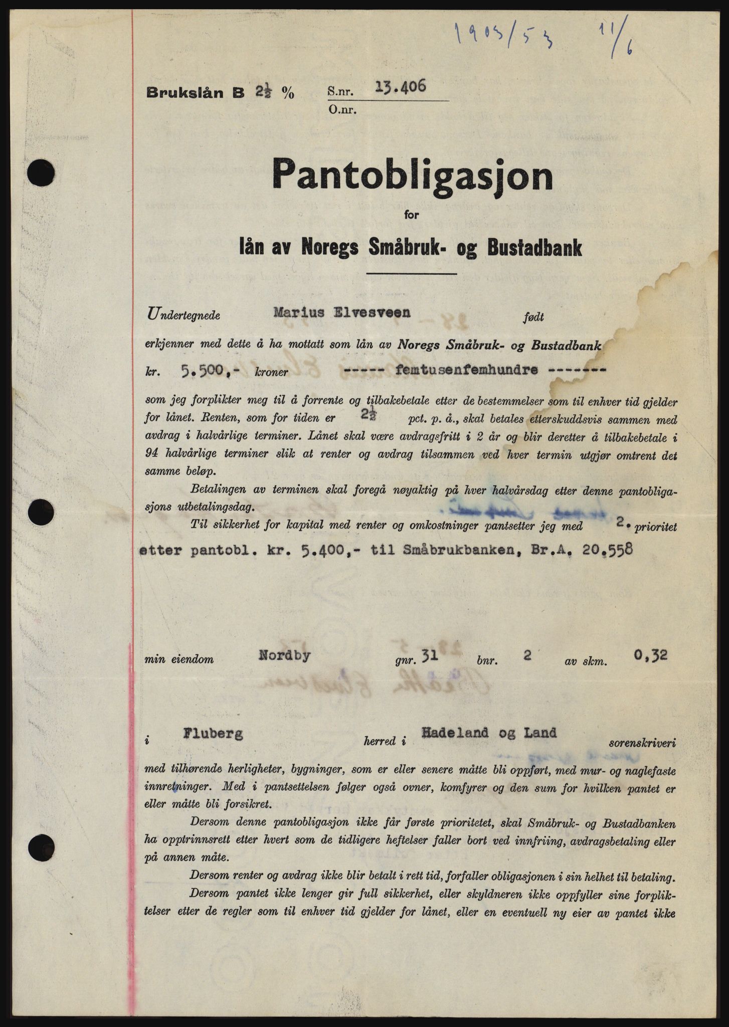 Hadeland og Land tingrett, SAH/TING-010/H/Hb/Hbc/L0027: Pantebok nr. B27, 1953-1953, Dagboknr: 1903/1953