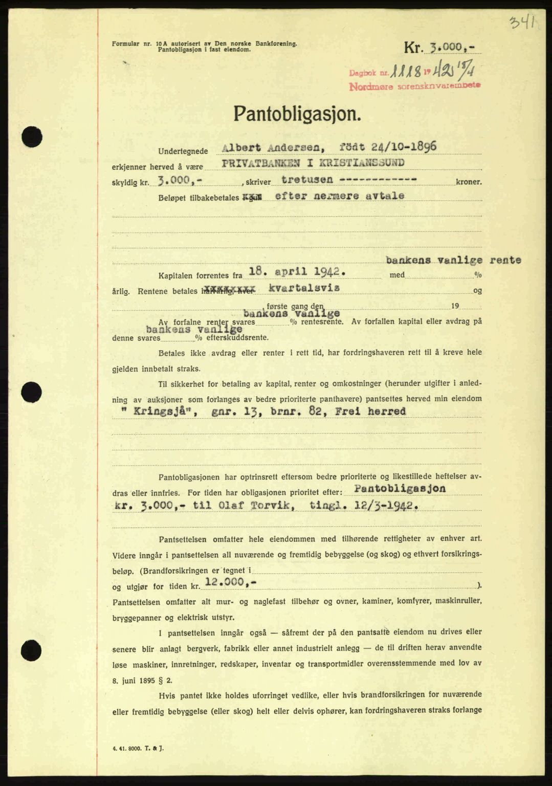 Nordmøre sorenskriveri, AV/SAT-A-4132/1/2/2Ca: Pantebok nr. B89, 1942-1942, Dagboknr: 1118/1942