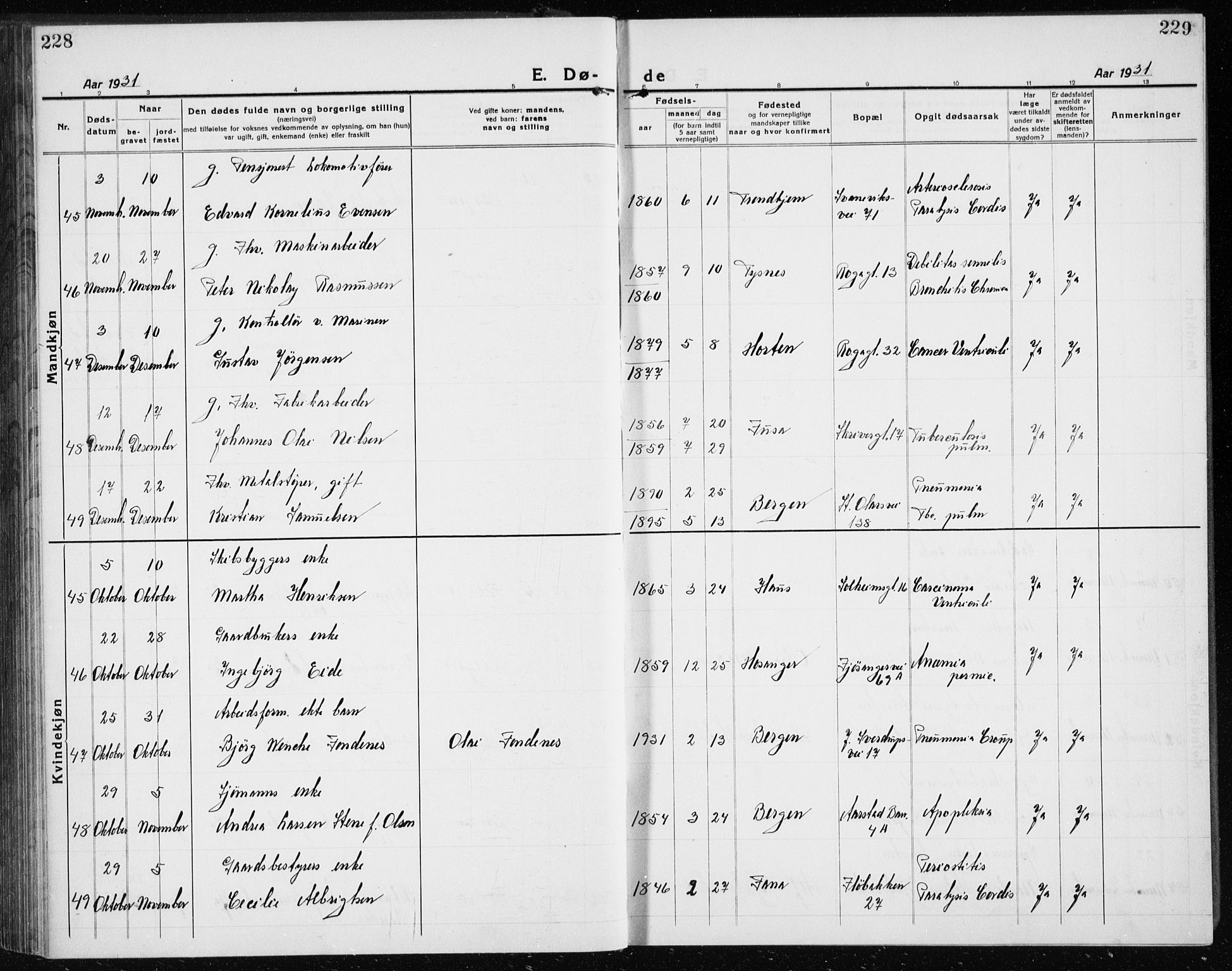 Årstad Sokneprestembete, AV/SAB-A-79301/H/Hab/L0025: Klokkerbok nr. D 2, 1922-1940, s. 228-229