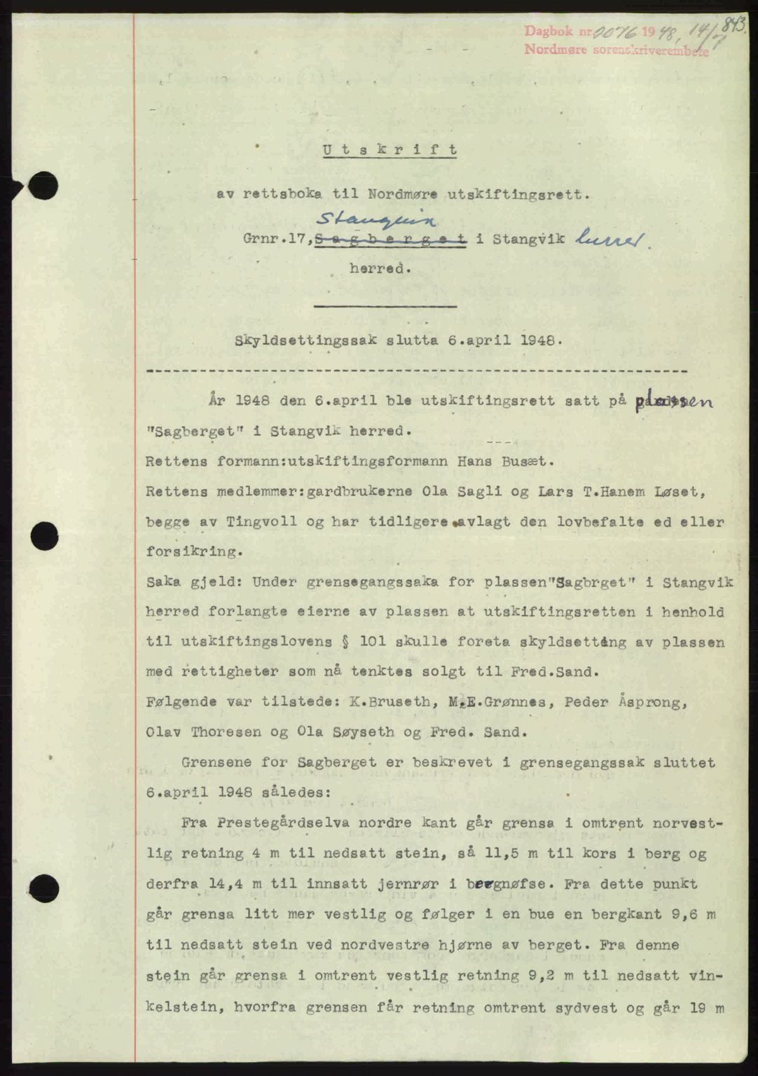 Nordmøre sorenskriveri, SAT/A-4132/1/2/2Ca: Pantebok nr. A108, 1948-1948, Dagboknr: 2076/1948