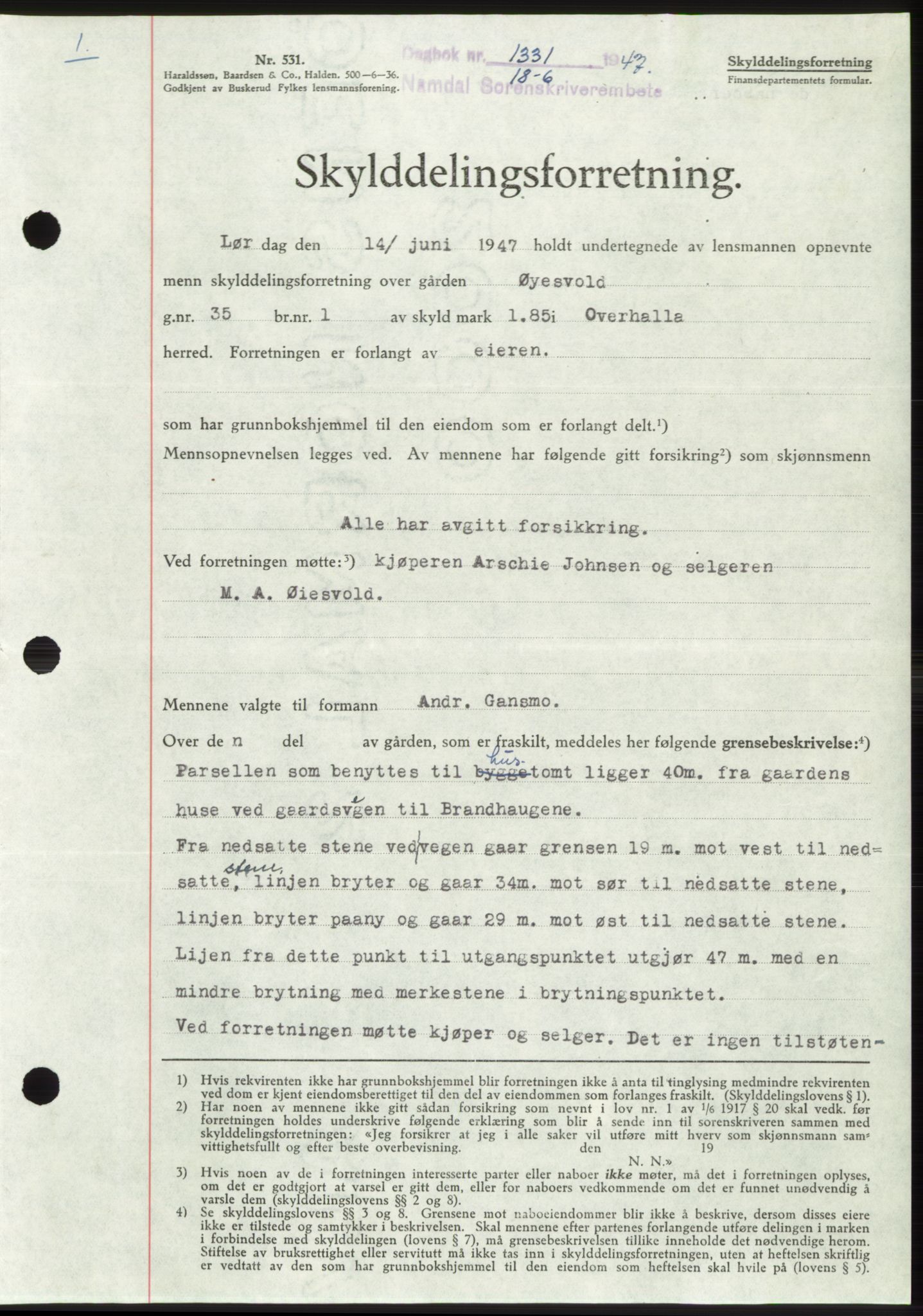 Namdal sorenskriveri, SAT/A-4133/1/2/2C: Pantebok nr. -, 1947-1947, Dagboknr: 1331/1947