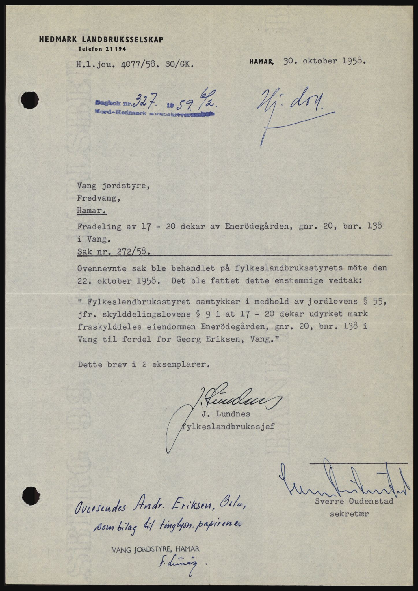 Nord-Hedmark sorenskriveri, SAH/TING-012/H/Hc/L0013: Pantebok nr. 13, 1959-1960, Dagboknr: 327/1959