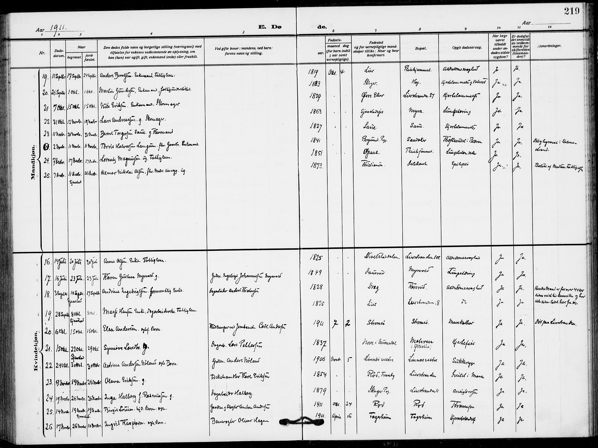 Lier kirkebøker, AV/SAKO-A-230/F/Fa/L0018: Ministerialbok nr. I 18, 1909-1917, s. 219