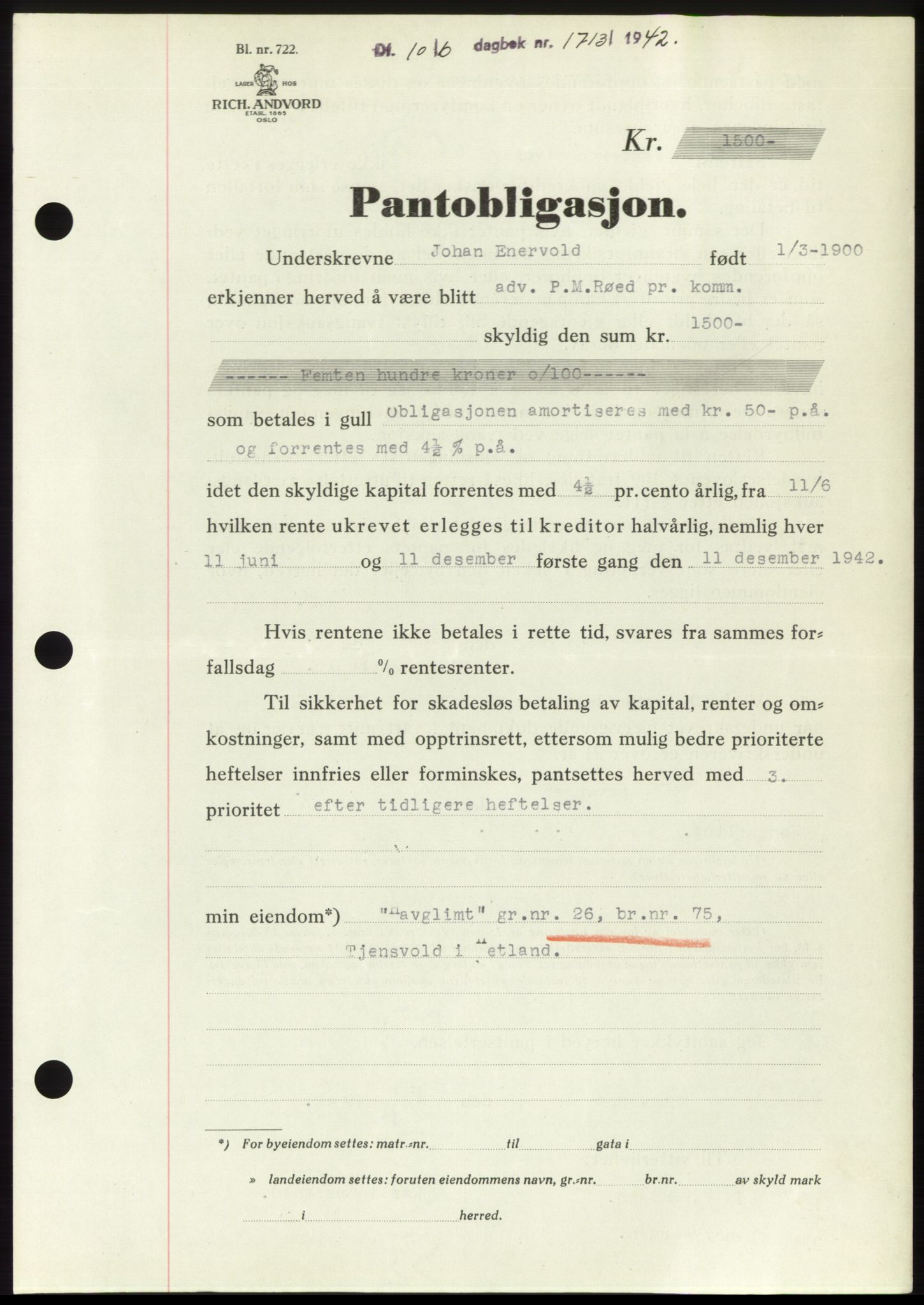 Jæren sorenskriveri, SAST/A-100310/03/G/Gba/L0082: Pantebok, 1942-1942, Dagboknr: 1713/1942