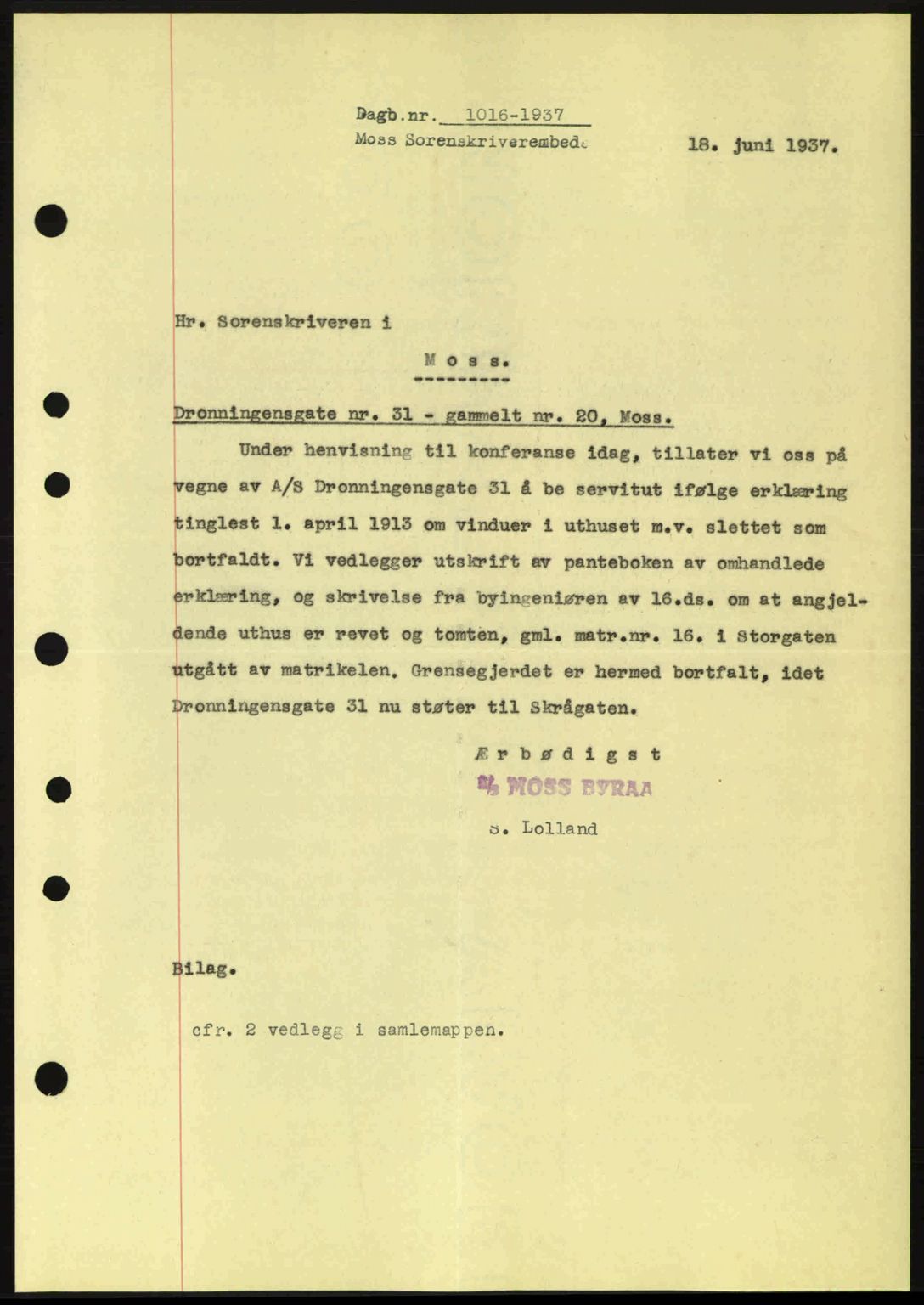 Moss sorenskriveri, SAO/A-10168: Pantebok nr. B3, 1937-1937, Dagboknr: 1016/1937