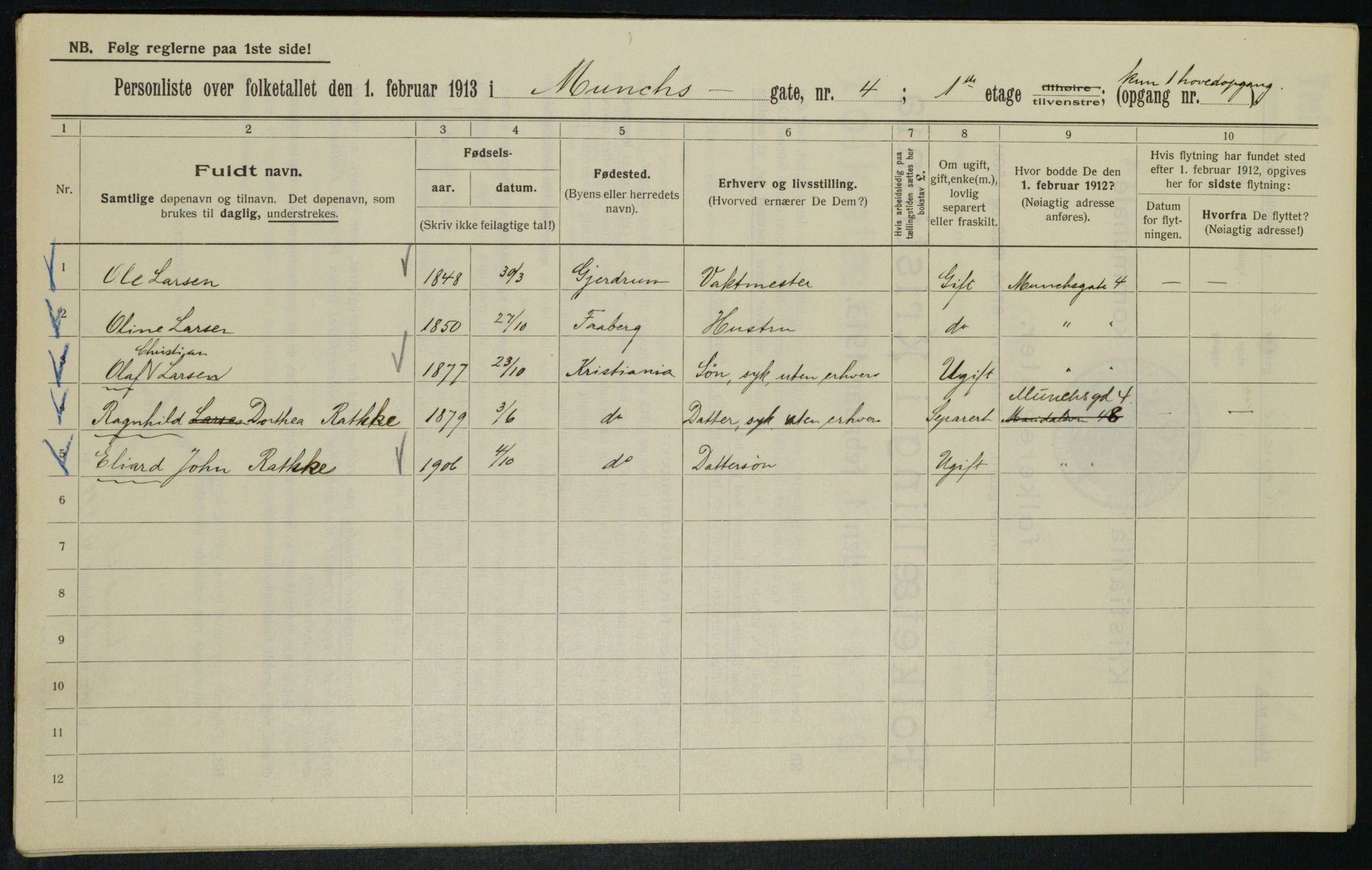 OBA, Kommunal folketelling 1.2.1913 for Kristiania, 1913, s. 66564