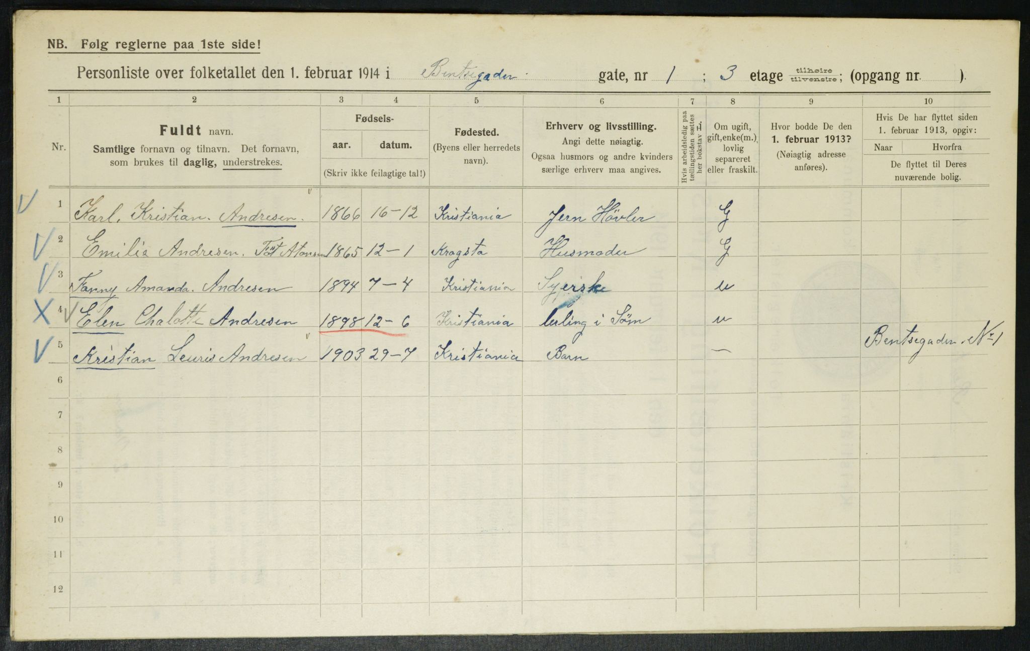 OBA, Kommunal folketelling 1.2.1914 for Kristiania, 1914, s. 3515