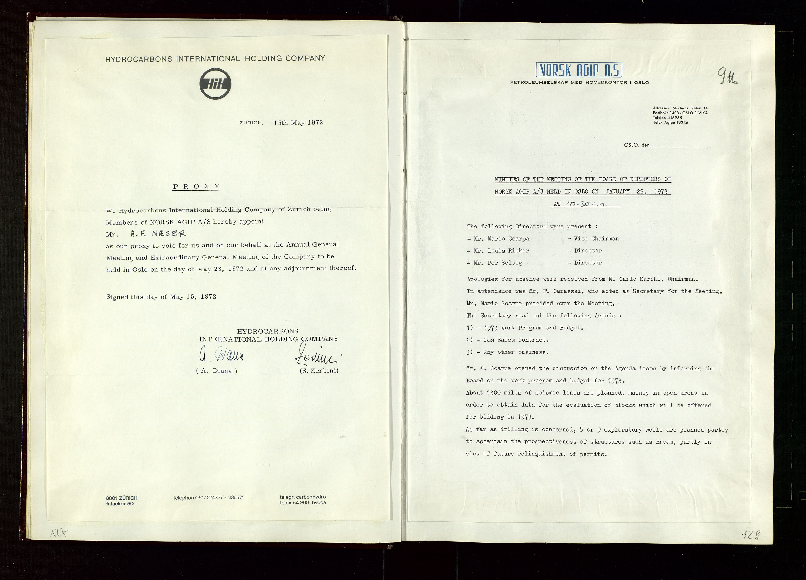 Pa 1583 - Norsk Agip AS, SAST/A-102138/A/Aa/L0002: General assembly and Board of Directors meeting minutes, 1972-1979, s. 127-128