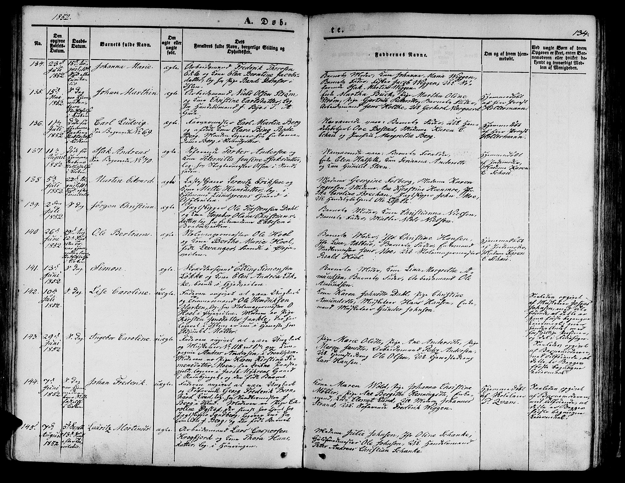 Ministerialprotokoller, klokkerbøker og fødselsregistre - Sør-Trøndelag, SAT/A-1456/602/L0137: Klokkerbok nr. 602C05, 1846-1856, s. 134