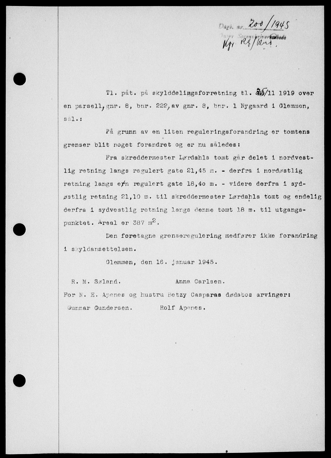 Onsøy sorenskriveri, SAO/A-10474/G/Ga/Gab/L0014: Pantebok nr. II A-14, 1944-1945, Dagboknr: 200/1945