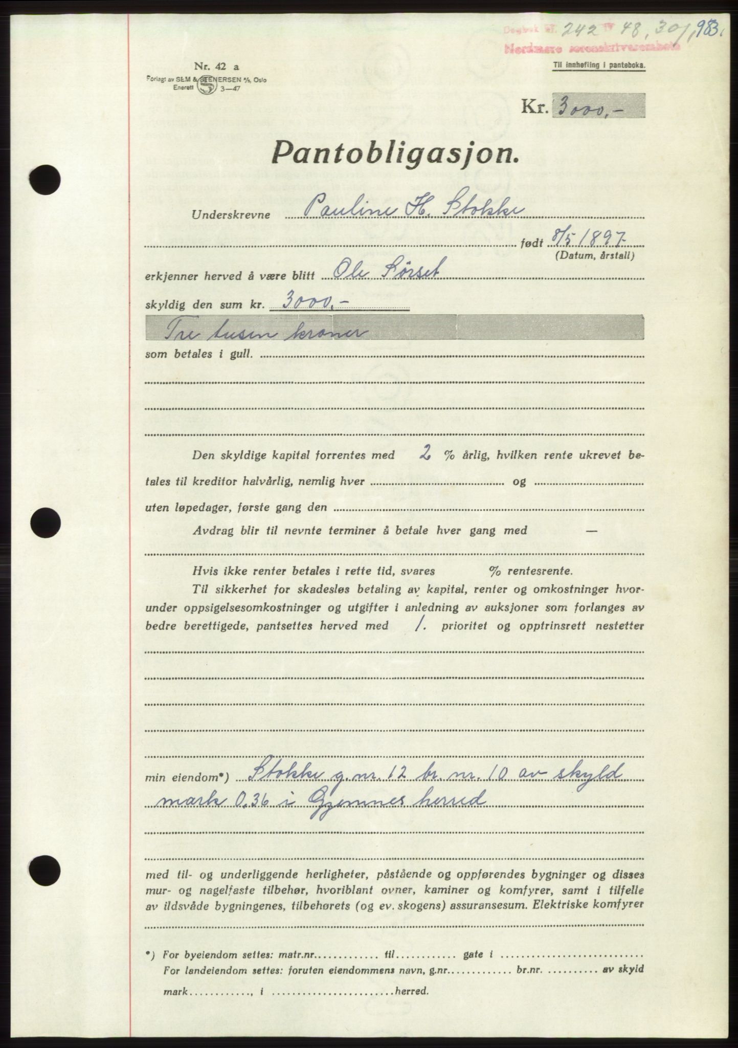 Nordmøre sorenskriveri, AV/SAT-A-4132/1/2/2Ca: Pantebok nr. B97, 1947-1948, Dagboknr: 242/1948