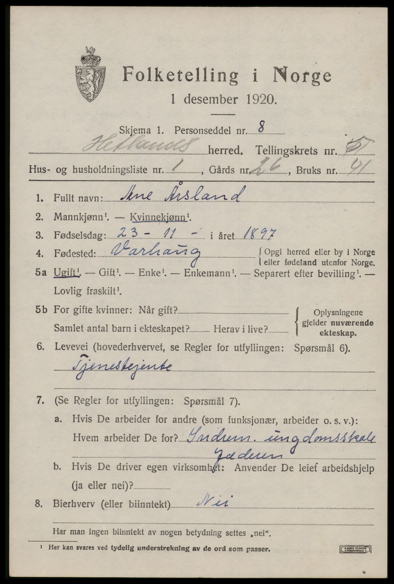 SAST, Folketelling 1920 for 1126 Hetland herred, 1920, s. 8167