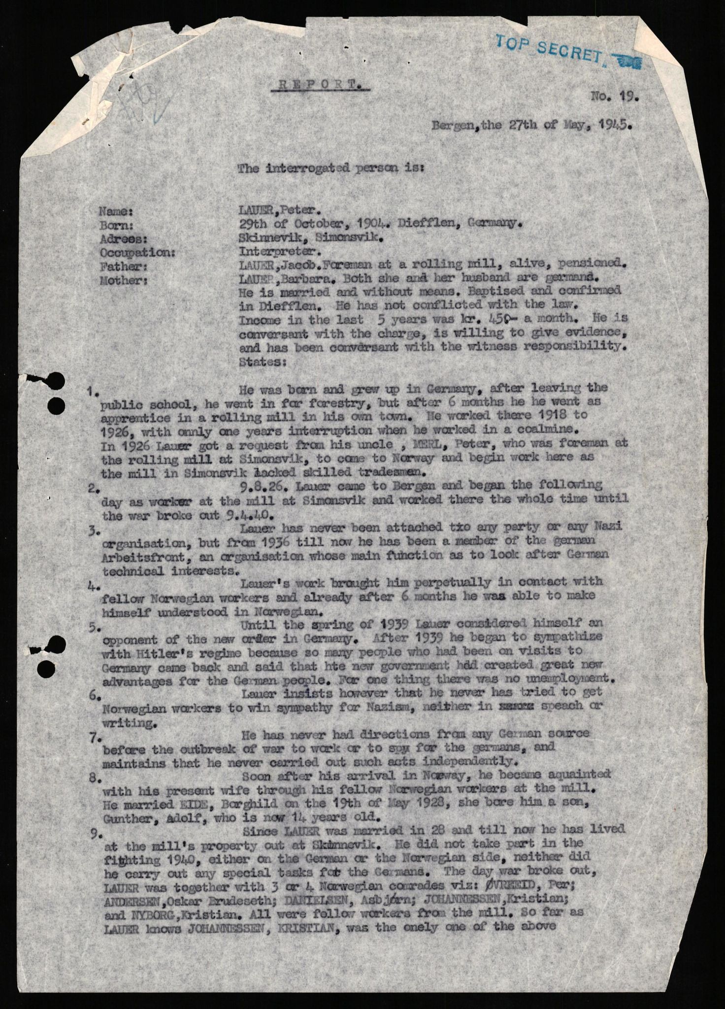 Forsvaret, Forsvarets overkommando II, RA/RAFA-3915/D/Db/L0019: CI Questionaires. Tyske okkupasjonsstyrker i Norge. Tyskere., 1945-1946, s. 509
