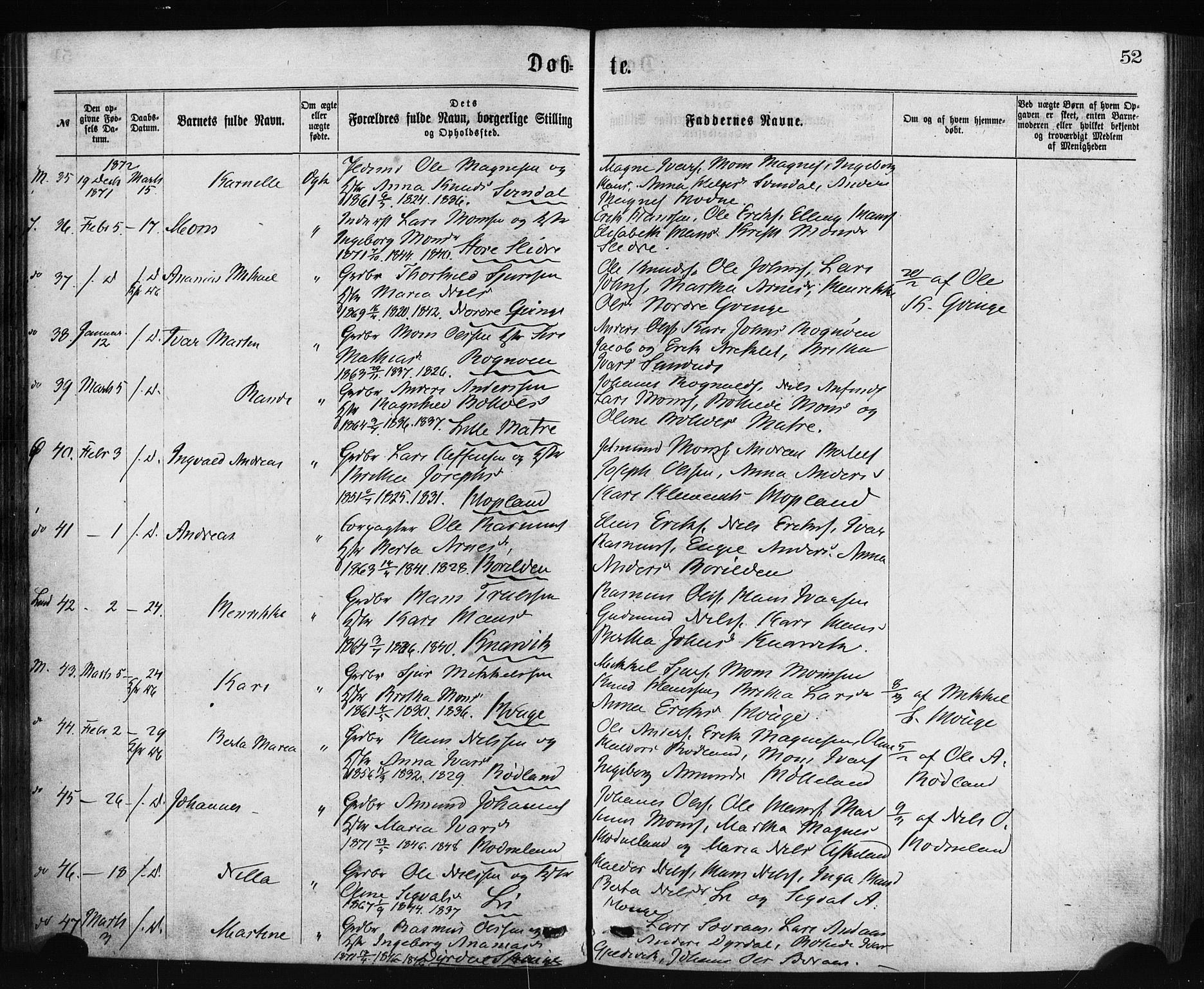 Lindås Sokneprestembete, AV/SAB-A-76701/H/Haa/Haaa/L0018: Ministerialbok nr. A 18, 1869-1885, s. 52