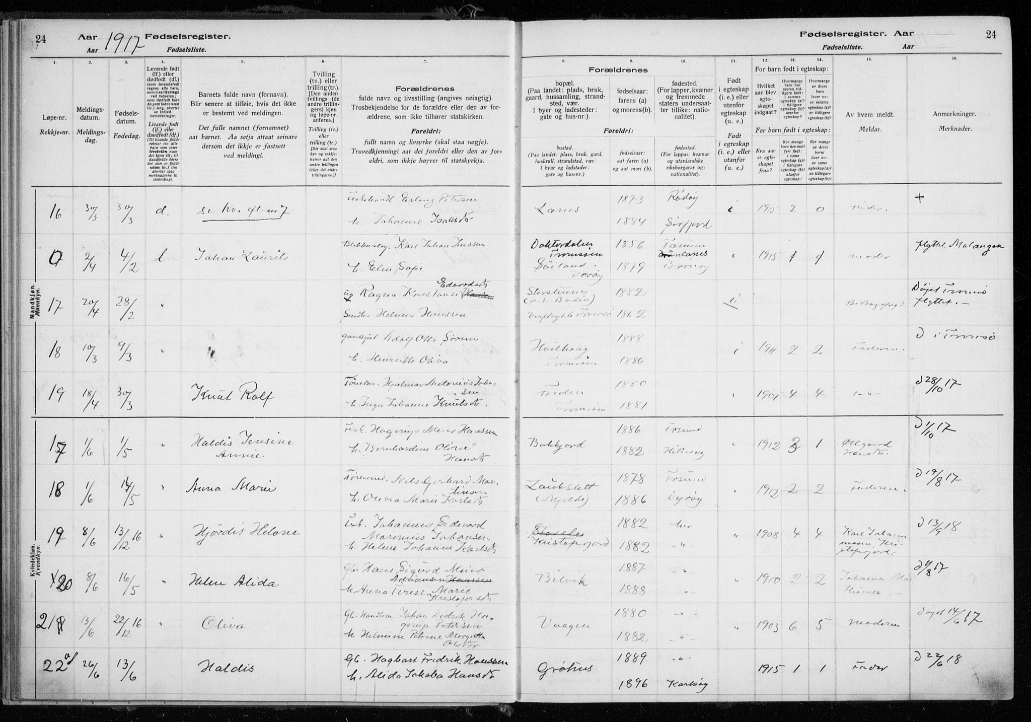 Tromsøysund sokneprestkontor, AV/SATØ-S-1304/H/Ha/L0079: Fødselsregister nr. 79, 1916-1924, s. 24