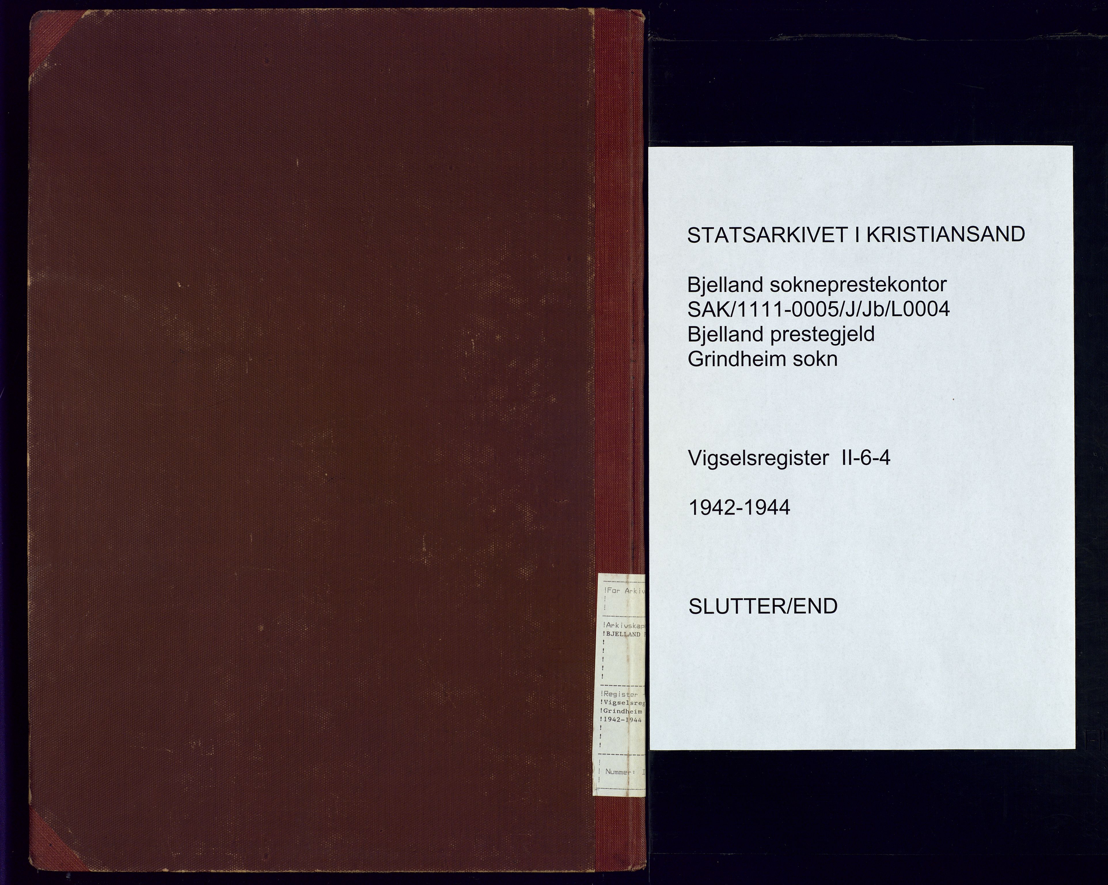 Bjelland sokneprestkontor, SAK/1111-0005/J/Jb/L0004: Vigselsregister nr. II.6.4, 1942-1944