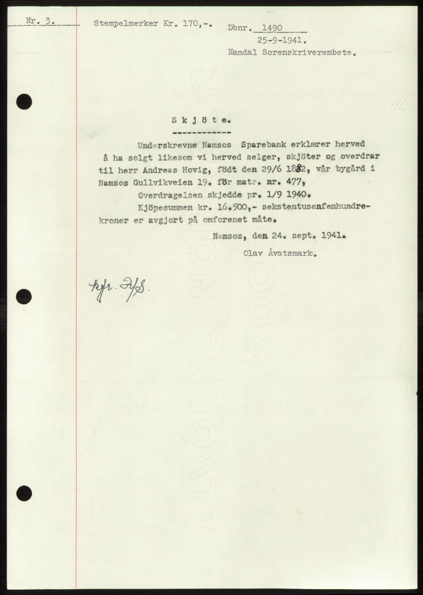 Namdal sorenskriveri, SAT/A-4133/1/2/2C: Pantebok nr. -, 1941-1942, Dagboknr: 1490/1941