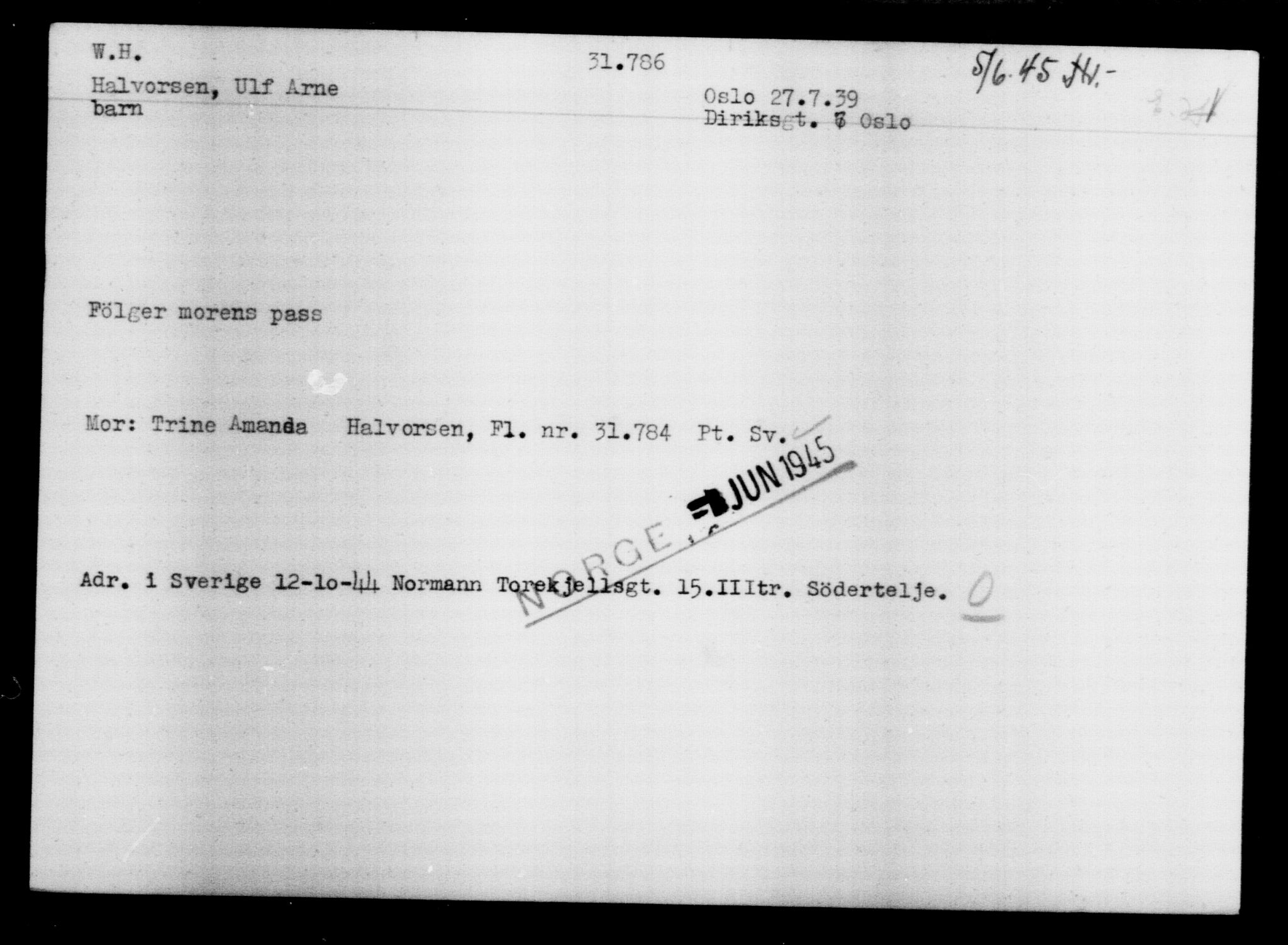 Utenriksstasjonene, Legasjonen i Stockholm, Flyktningkontoret, AV/RA-S-6753/V/Va/L0013: Kjesäterkartoteket, flyktninger med registreringsnr. 31500-34731, 1940-1945, s. 317