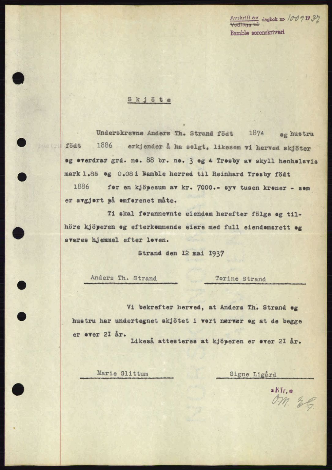 Bamble sorenskriveri, AV/SAKO-A-214/G/Ga/Gag/L0002: Pantebok nr. A-2, 1937-1938, Dagboknr: 1009/1937
