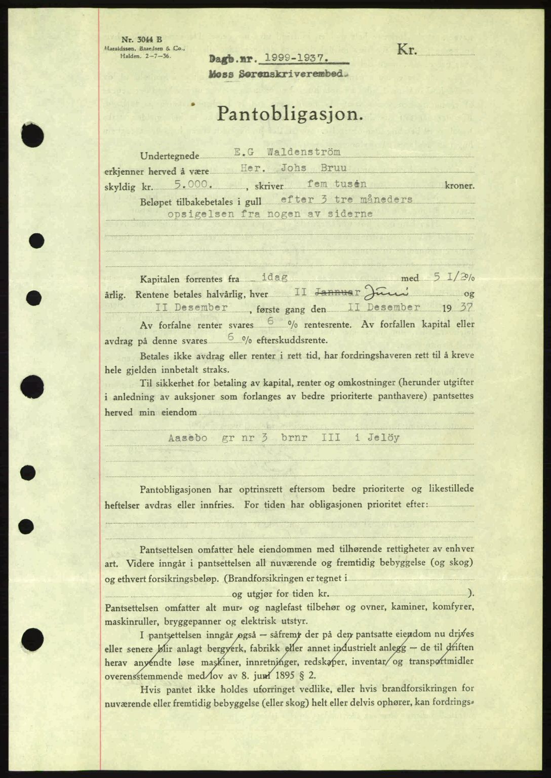 Moss sorenskriveri, SAO/A-10168: Pantebok nr. B4, 1937-1938, Dagboknr: 1999/1937